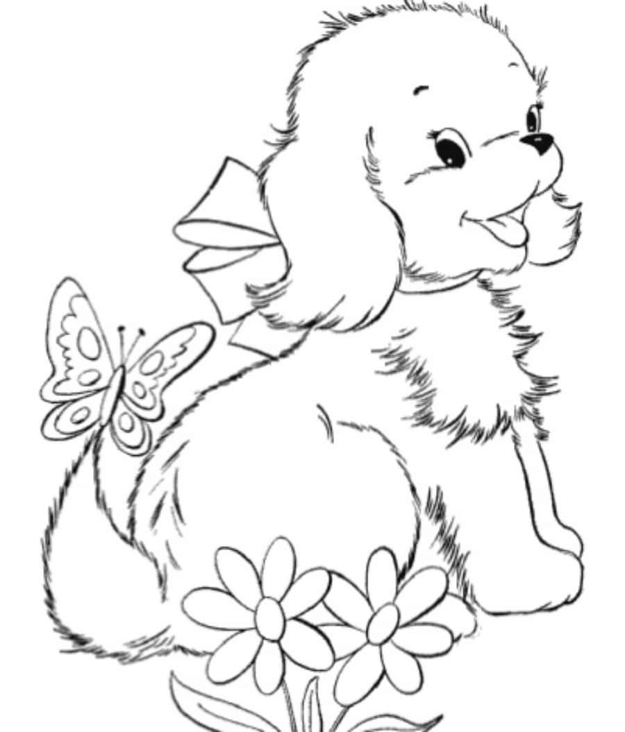 Dog Flowers Butterflies Coloring Picture
