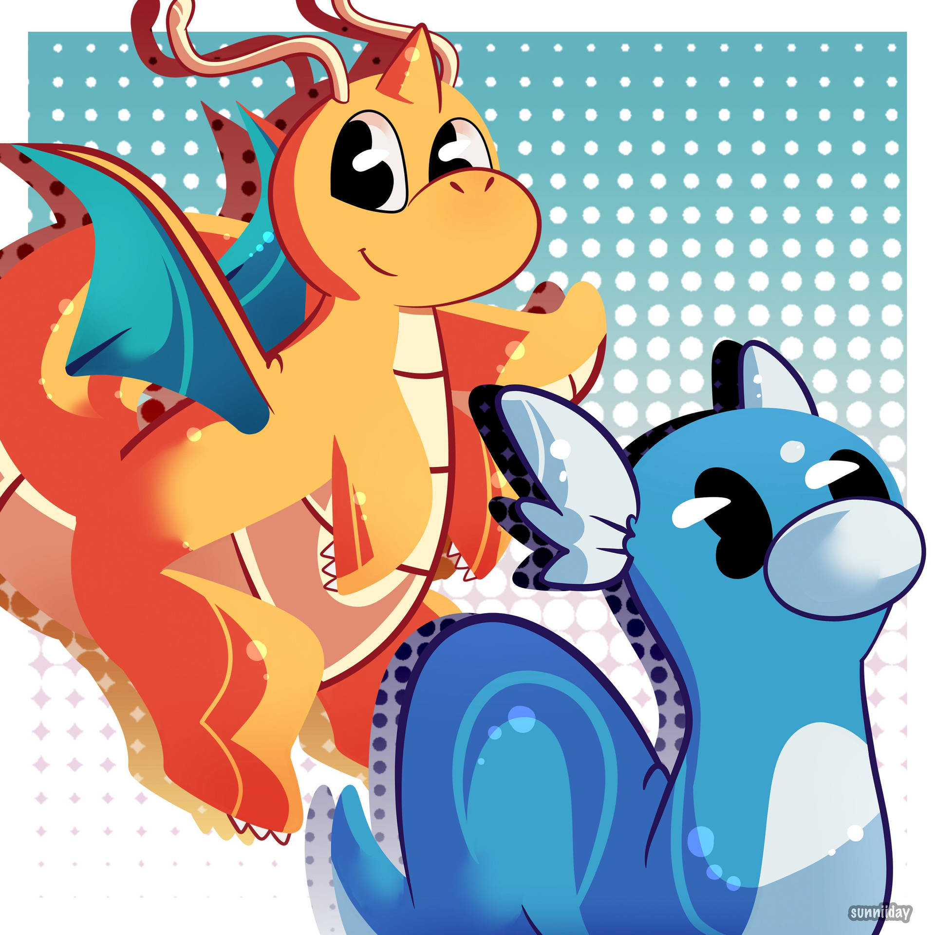 Flying side by side, Dragonite and Dratini grace the skies. Wallpaper