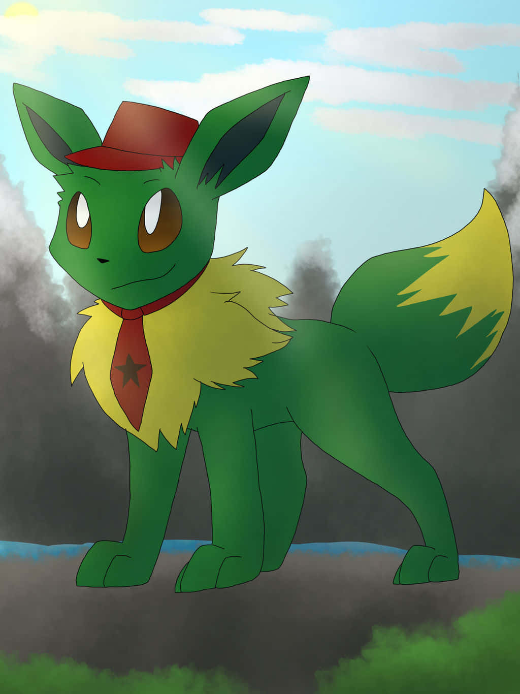 A Cartoon Of A Green And Yellow Eevee With A Hat
