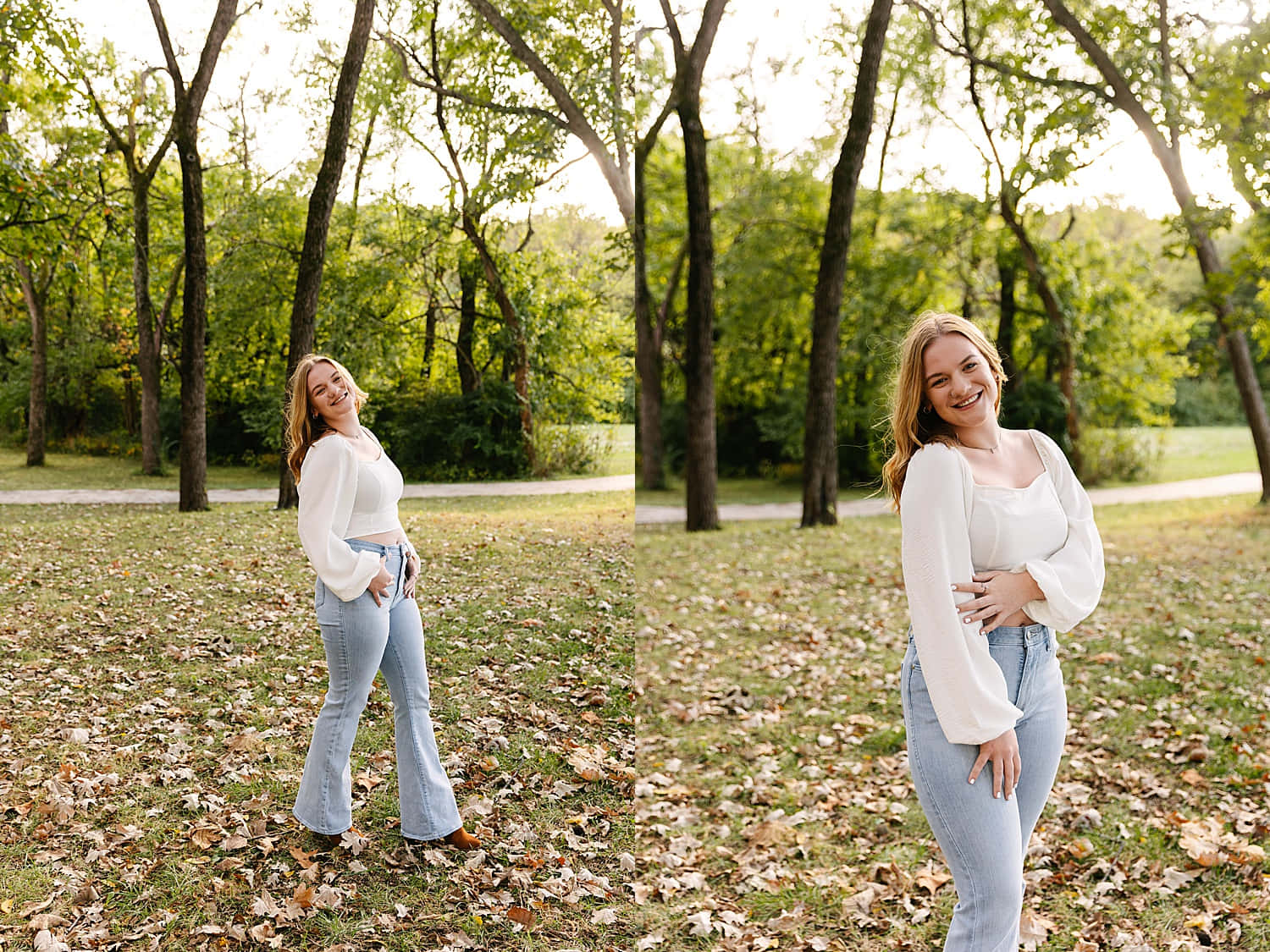 A Girl In A White Blouse And Jeans Standing In The Woods