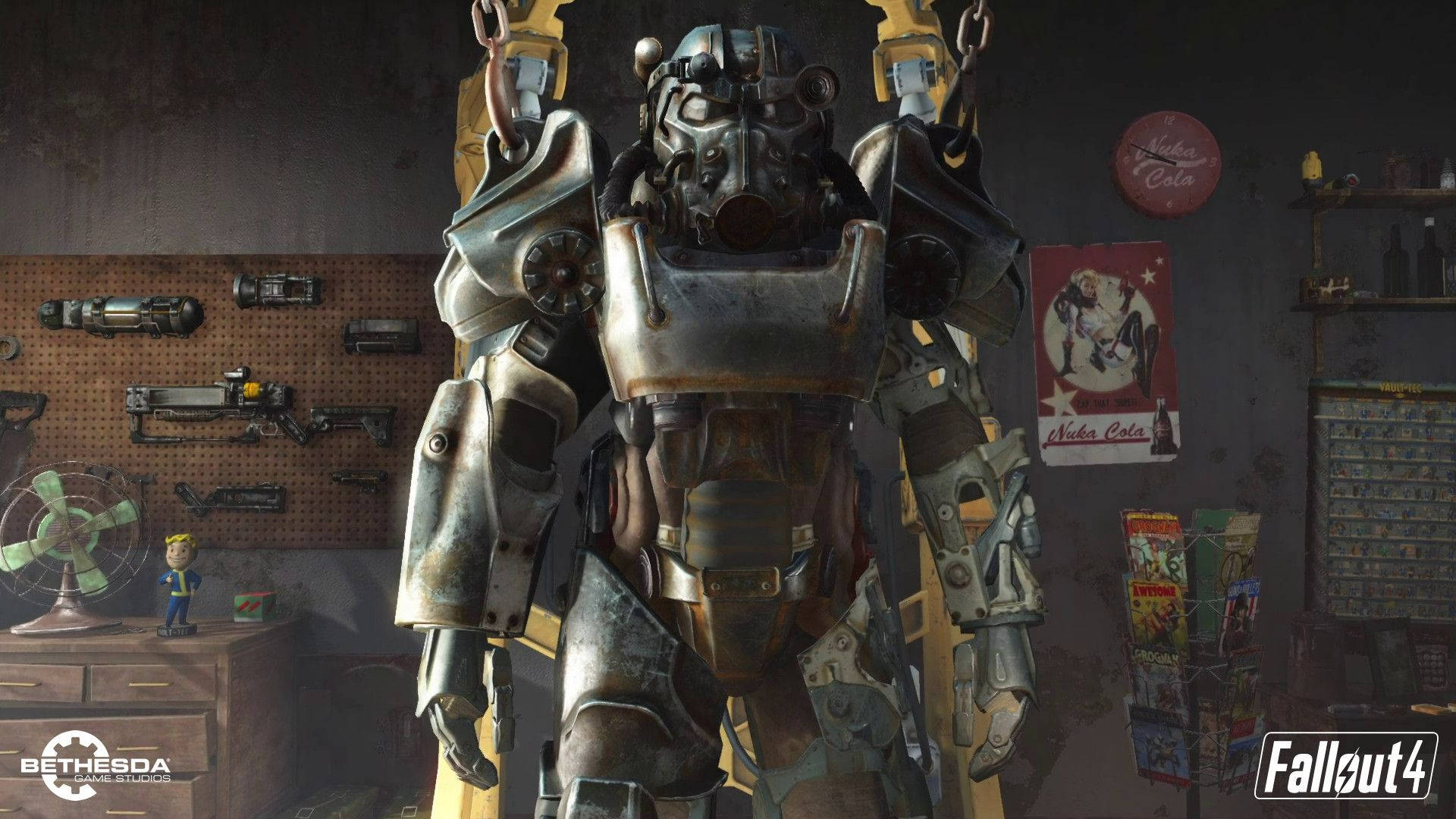 "The Chained Power Armor - A symbol of strength and power in the post-apocalyptic world of Fallout 4." Wallpaper