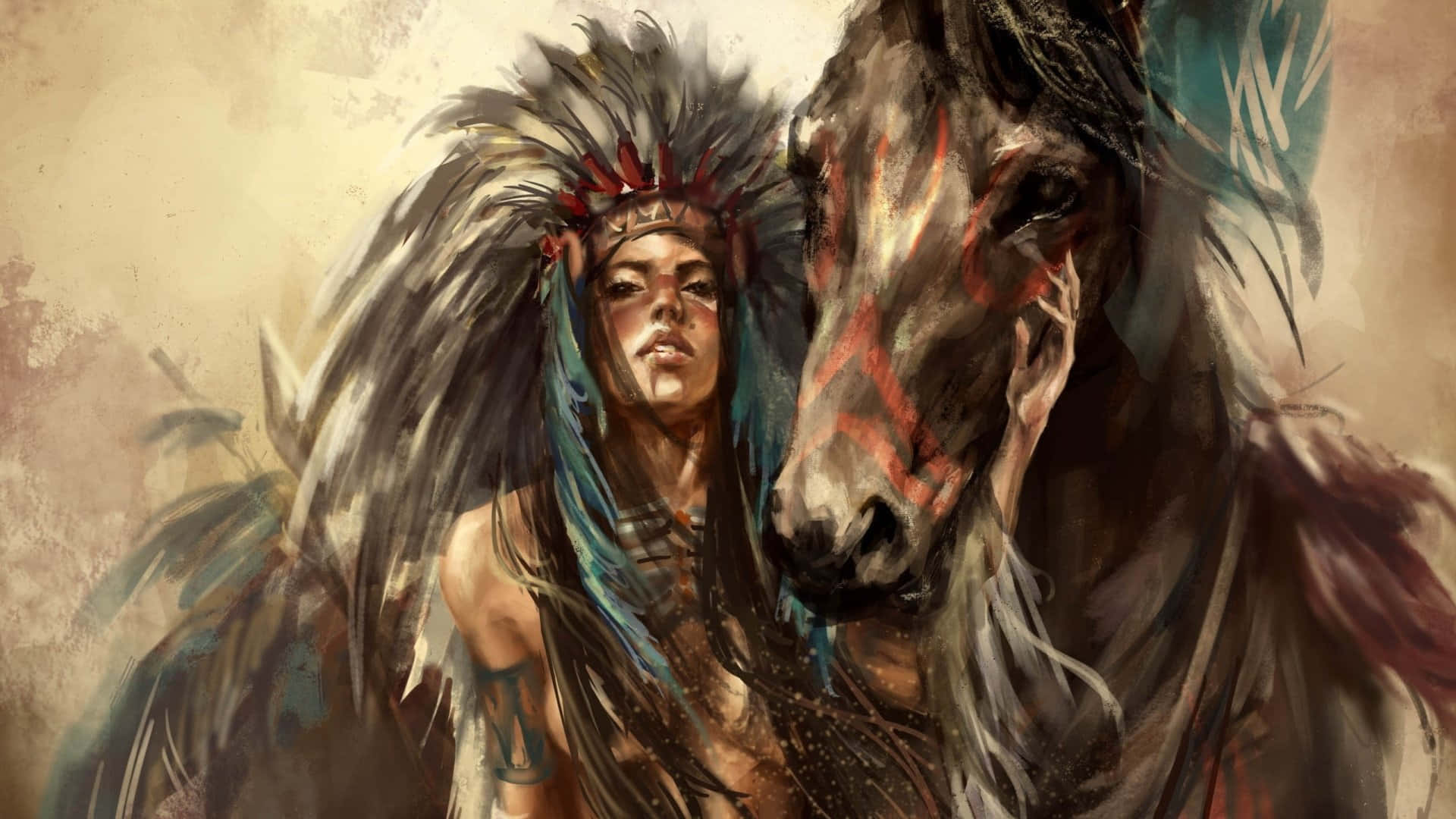 Female Native Warrior With Horse Wallpaper
