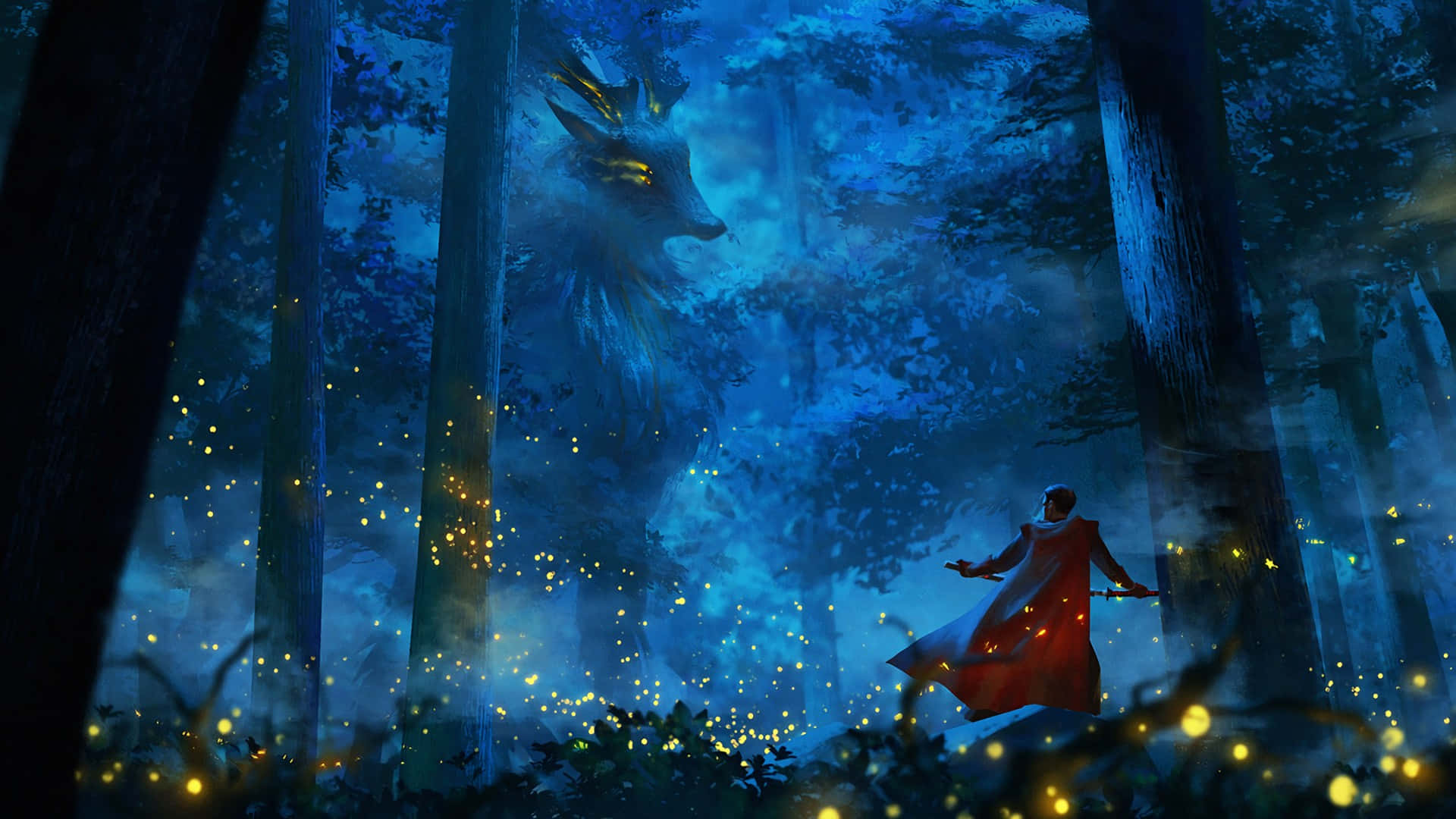 A Man In A Red Coat Is Walking Through The Forest