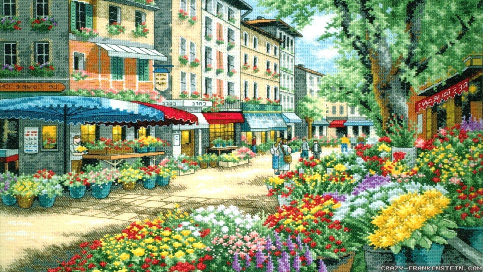 Vibrant Scene at a Bustling Flower Market Wallpaper