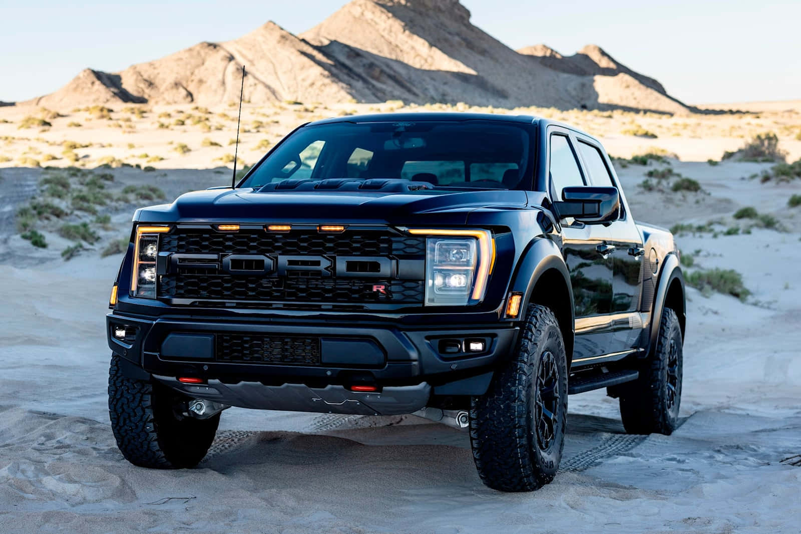 The Black Ford F - 150 Rp - Raptor Is Parked In The Desert Wallpaper