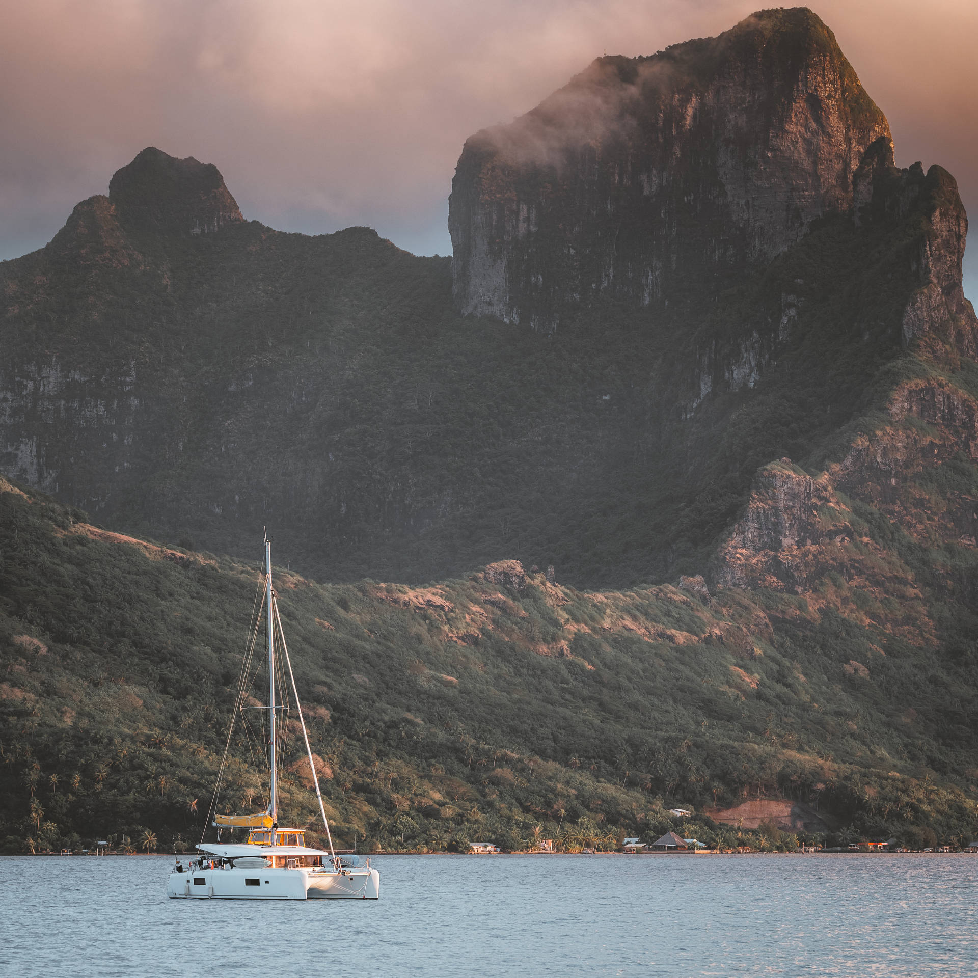 French Polynesia Yacht And Mountain Wallpaper