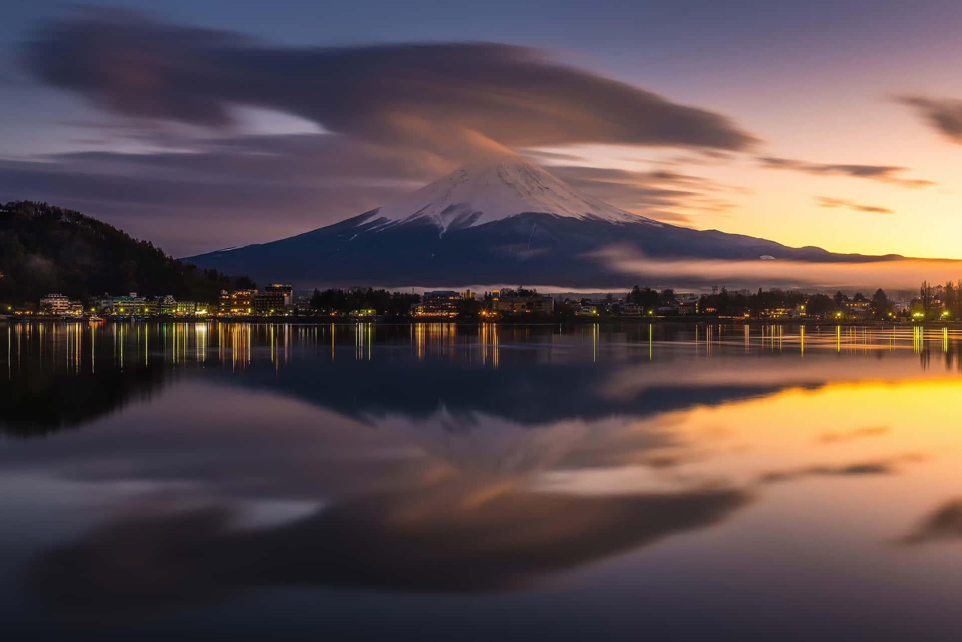 Fuji At Night With Lake Kawaguchi Wallpaper