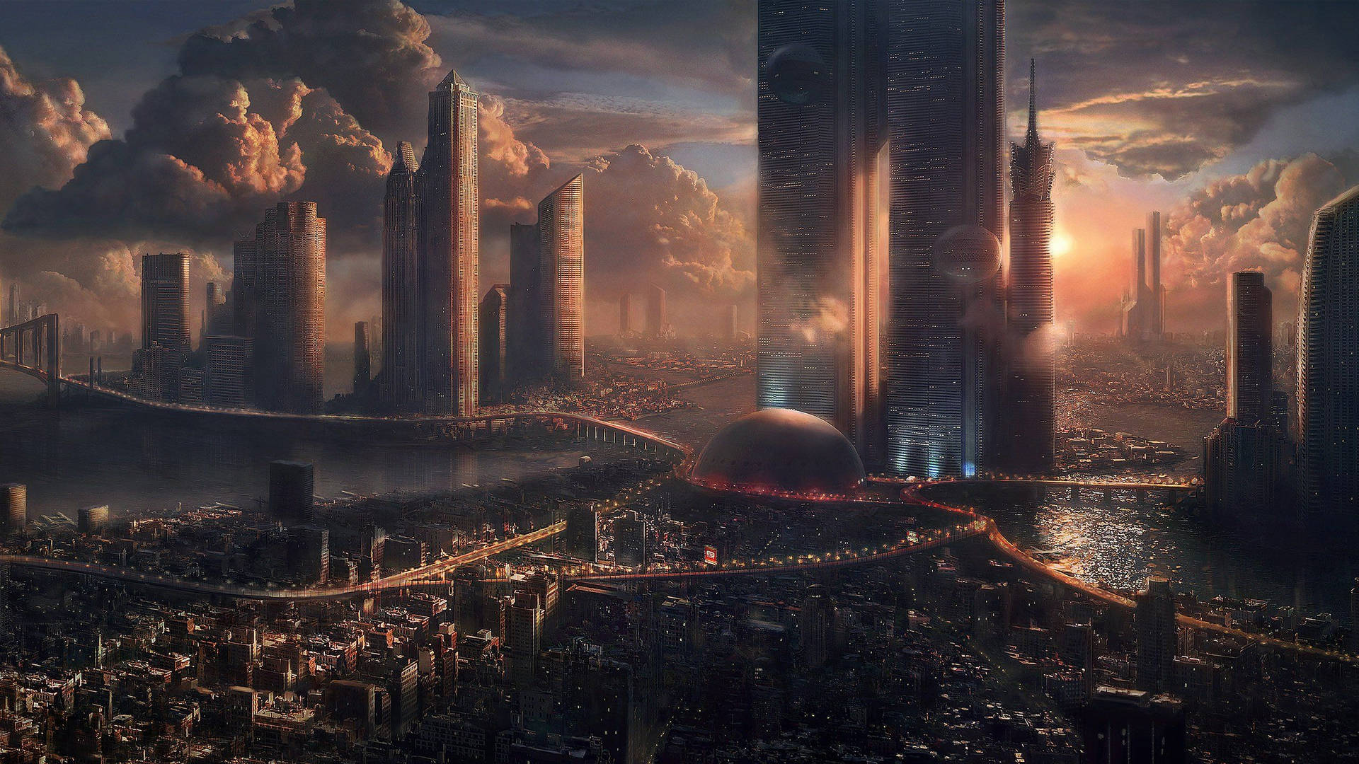 Futuristic City During Sunset 1440p Gaming Wallpaper
