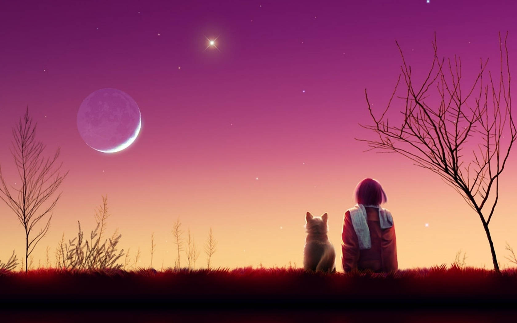 Girl And Cat Anime Aesthetic Sunset Wallpaper