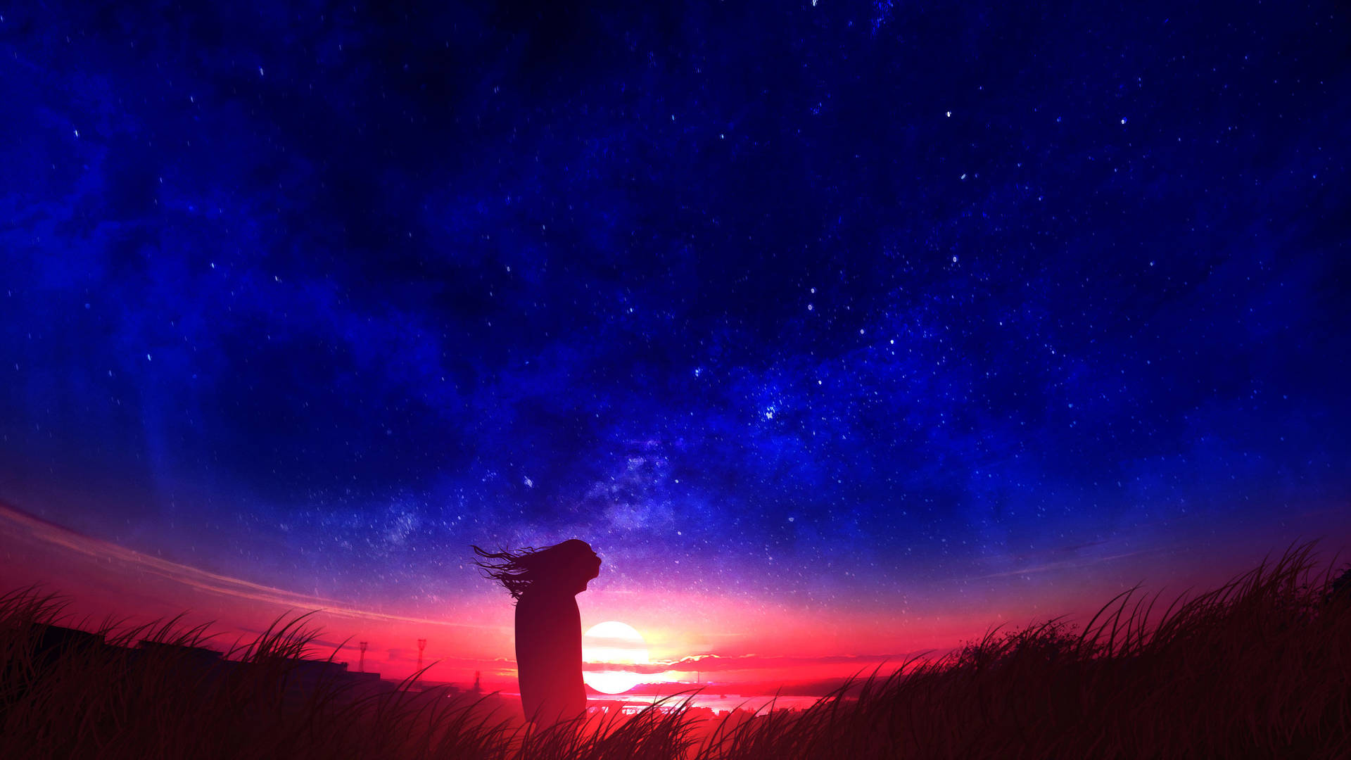 Girl In Field Anime Aesthetic Sunset Wallpaper