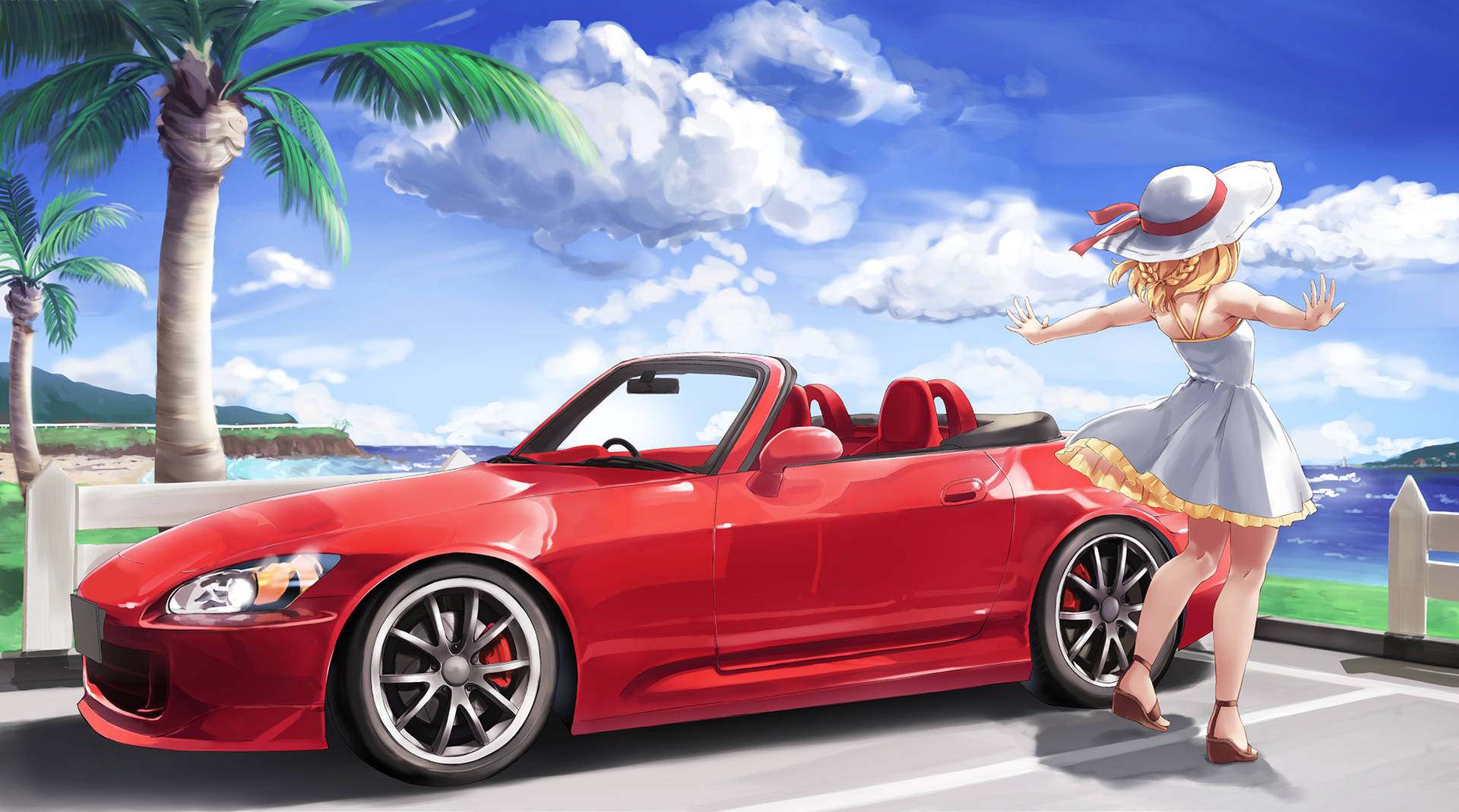 Girl In Summer Dress Next To Car Anime Wallpaper