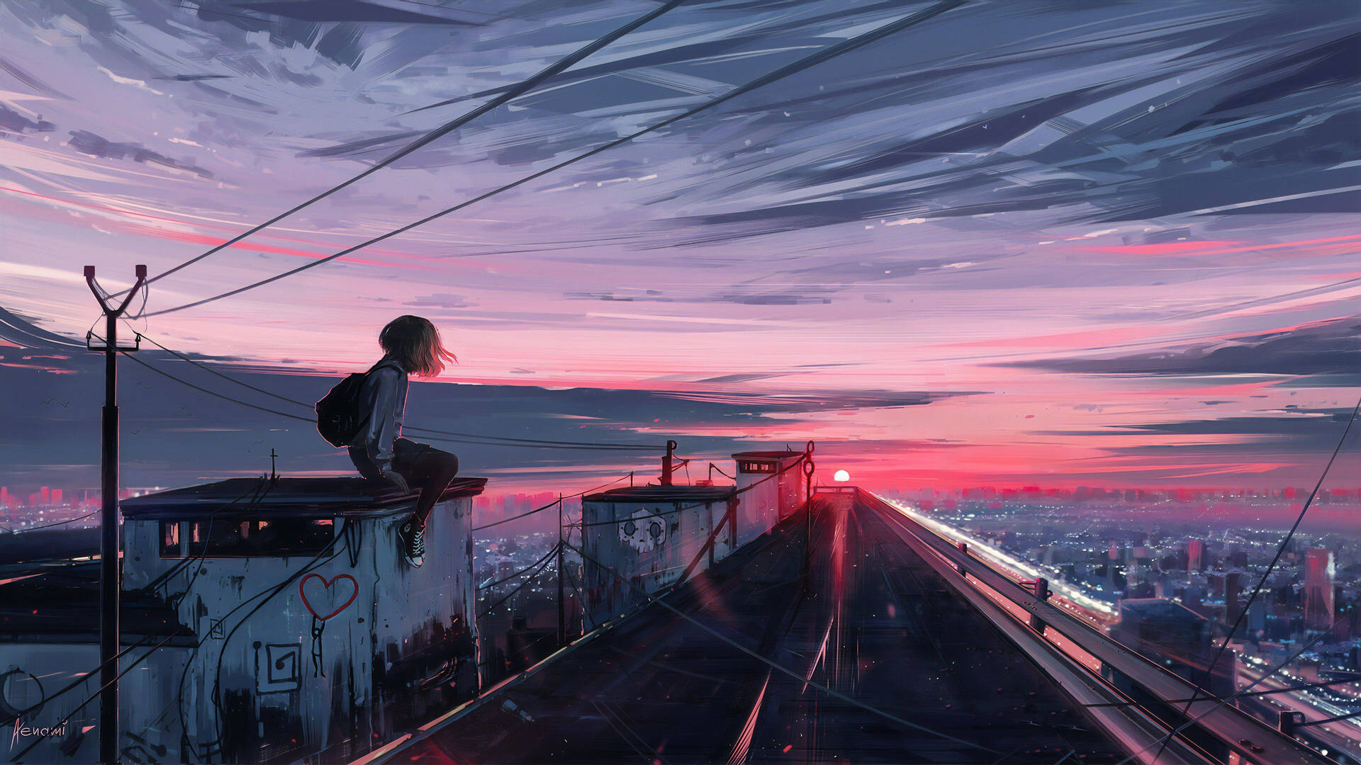 Girl On Roof Anime Aesthetic Sunset Wallpaper