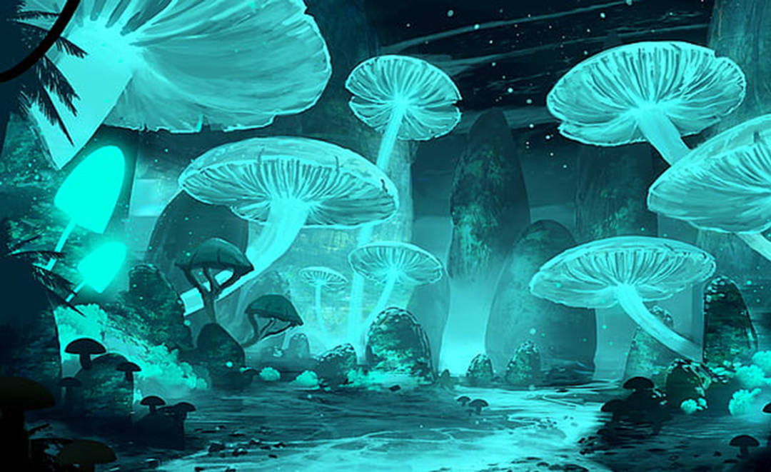 Caption: Enchanting Blue Mushroom Painting Wallpaper