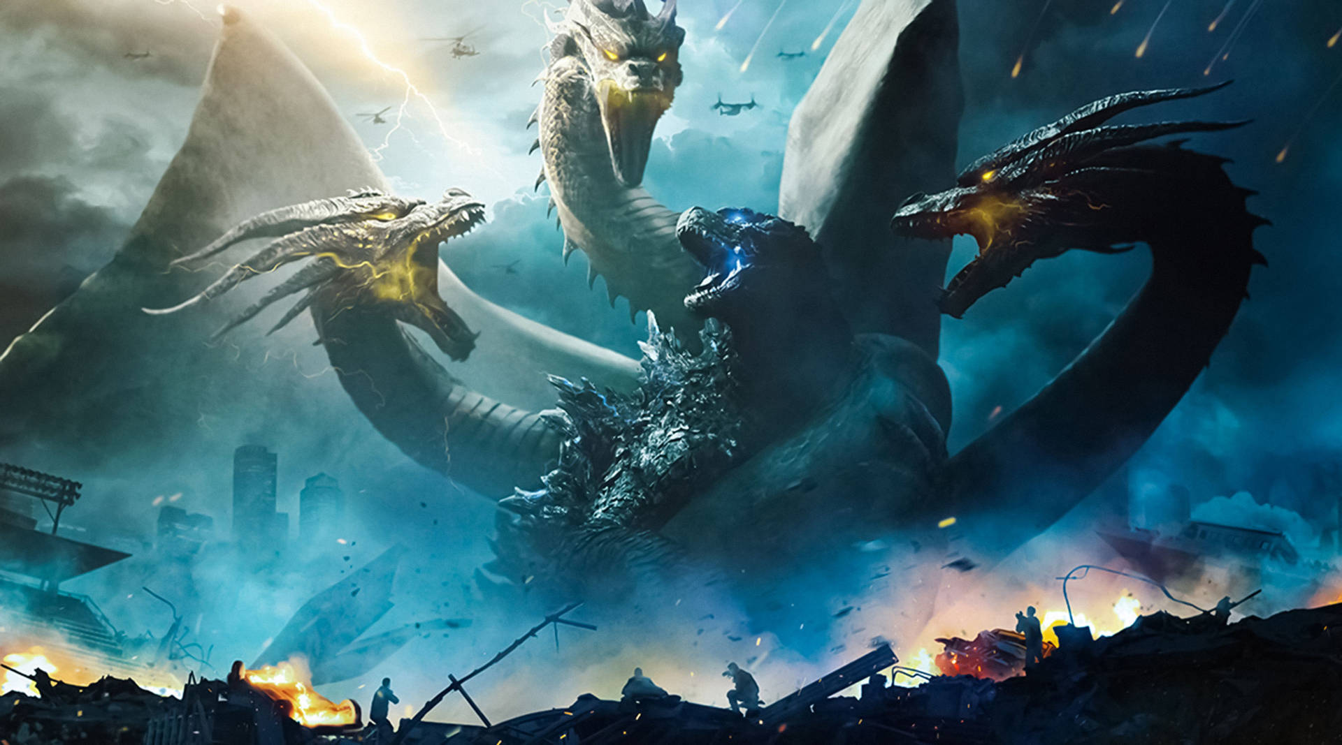 "Godzilla and King Ghidorah engaged in an epic battle amongst the frigid Arctic tundra". Wallpaper
