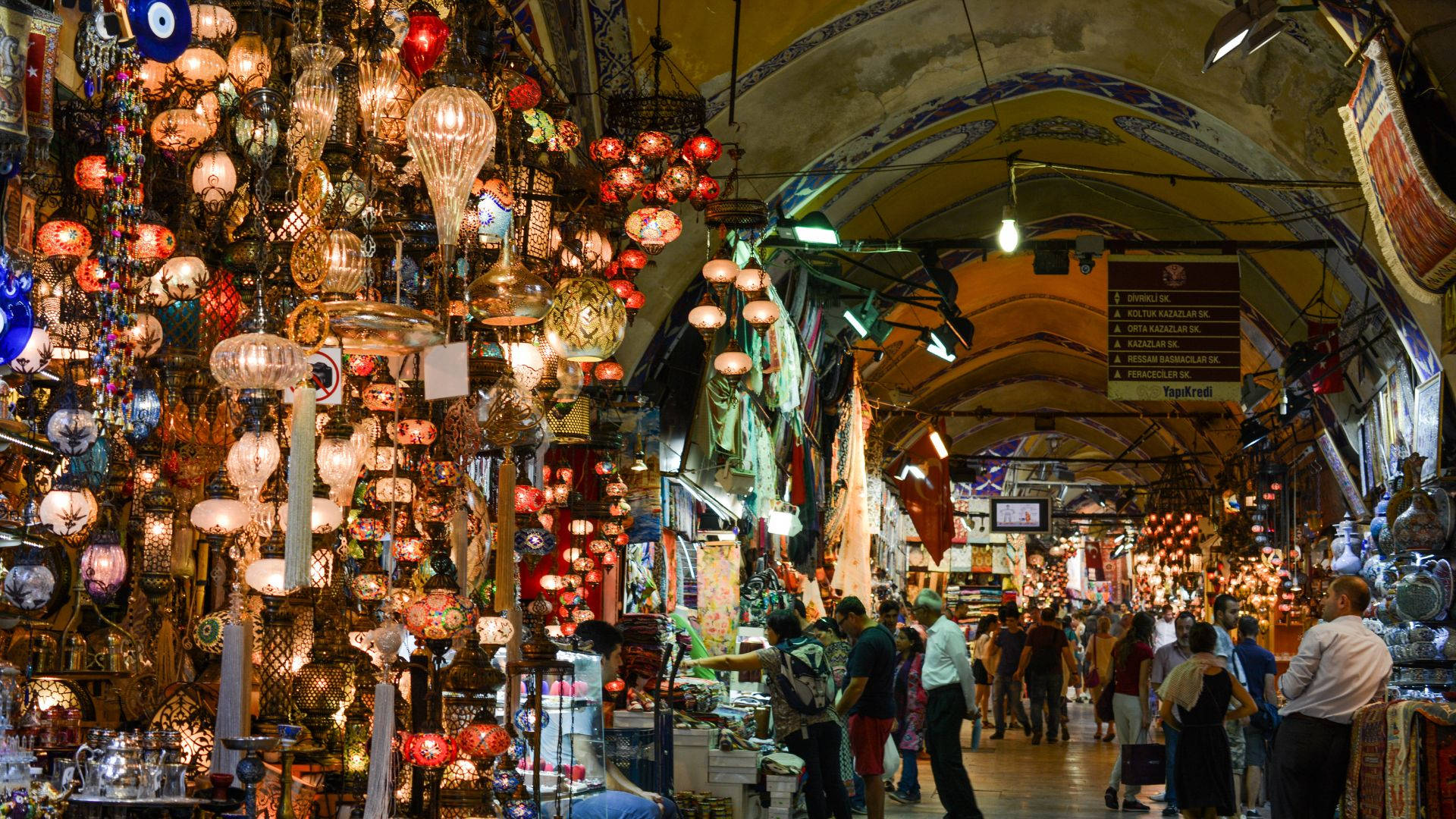 Bustling Scene of the Grand Bazaar Market in Istanbul Wallpaper