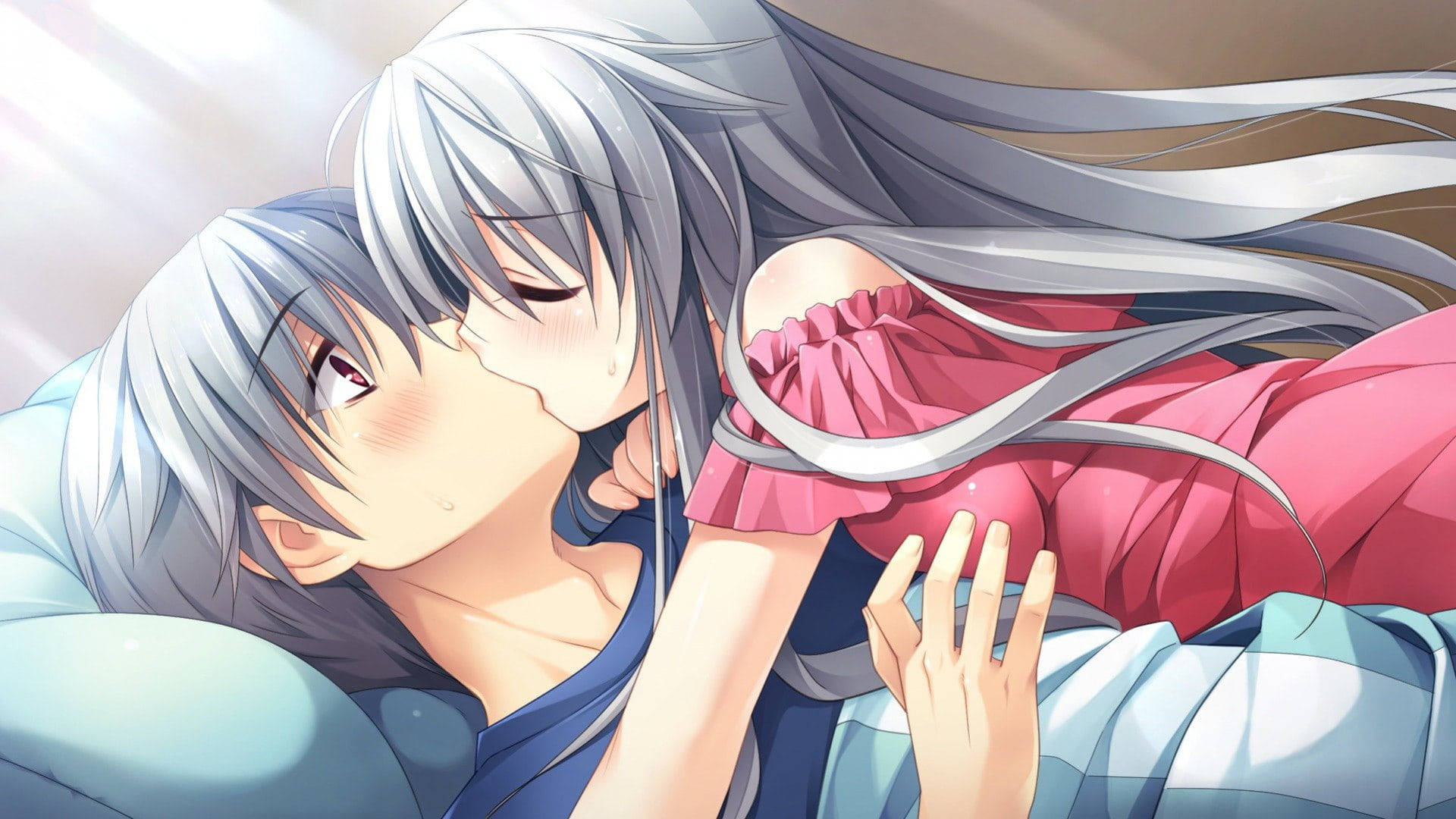Gray-Haired Anime Couple Kiss Wallpaper