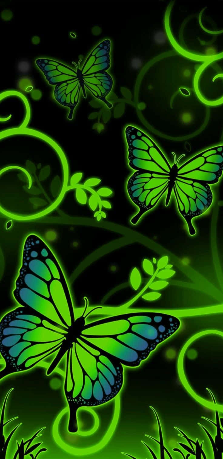 A beautiful Green Butterfly surrounded by vibrant flowers. Wallpaper