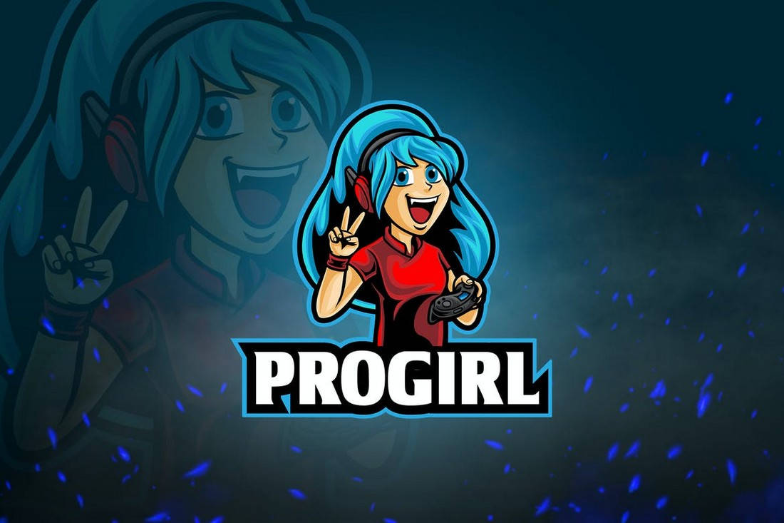 Happy Blue-haired Girl Gamer Logo Wallpaper