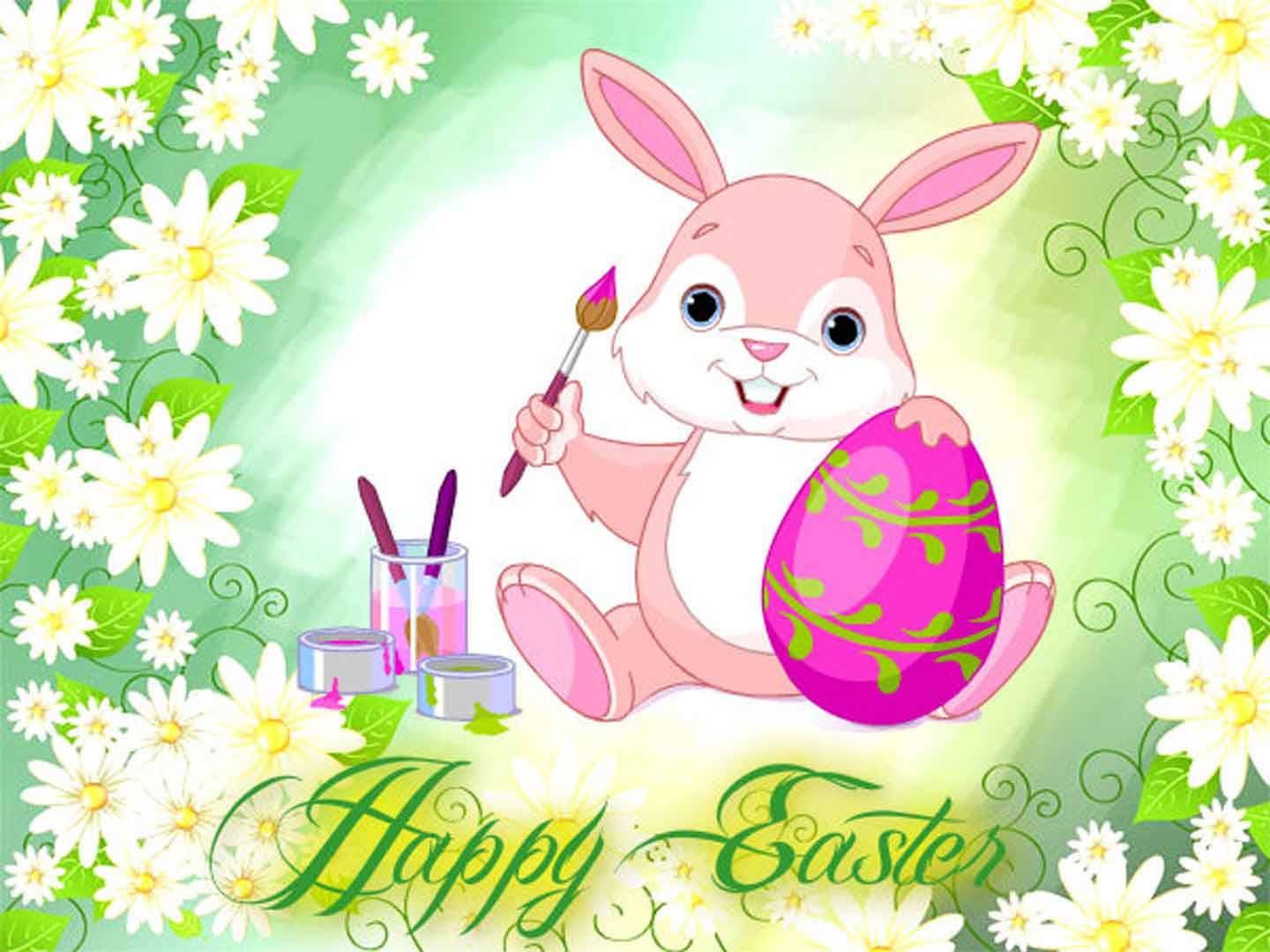 Happy Easter Poster With Pink Painting Bunny Wallpaper