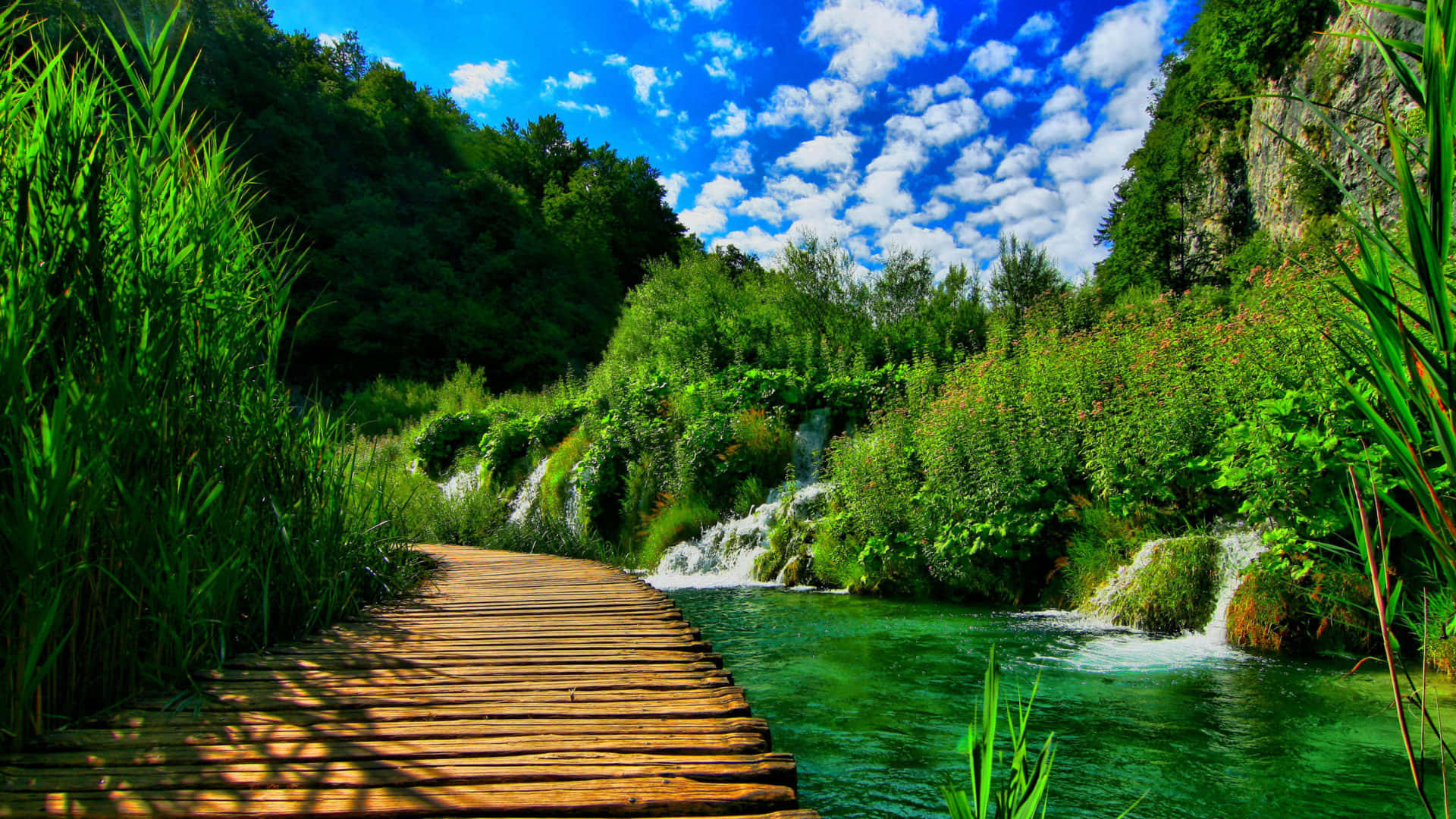 a wooden walkway leading to a waterfall
