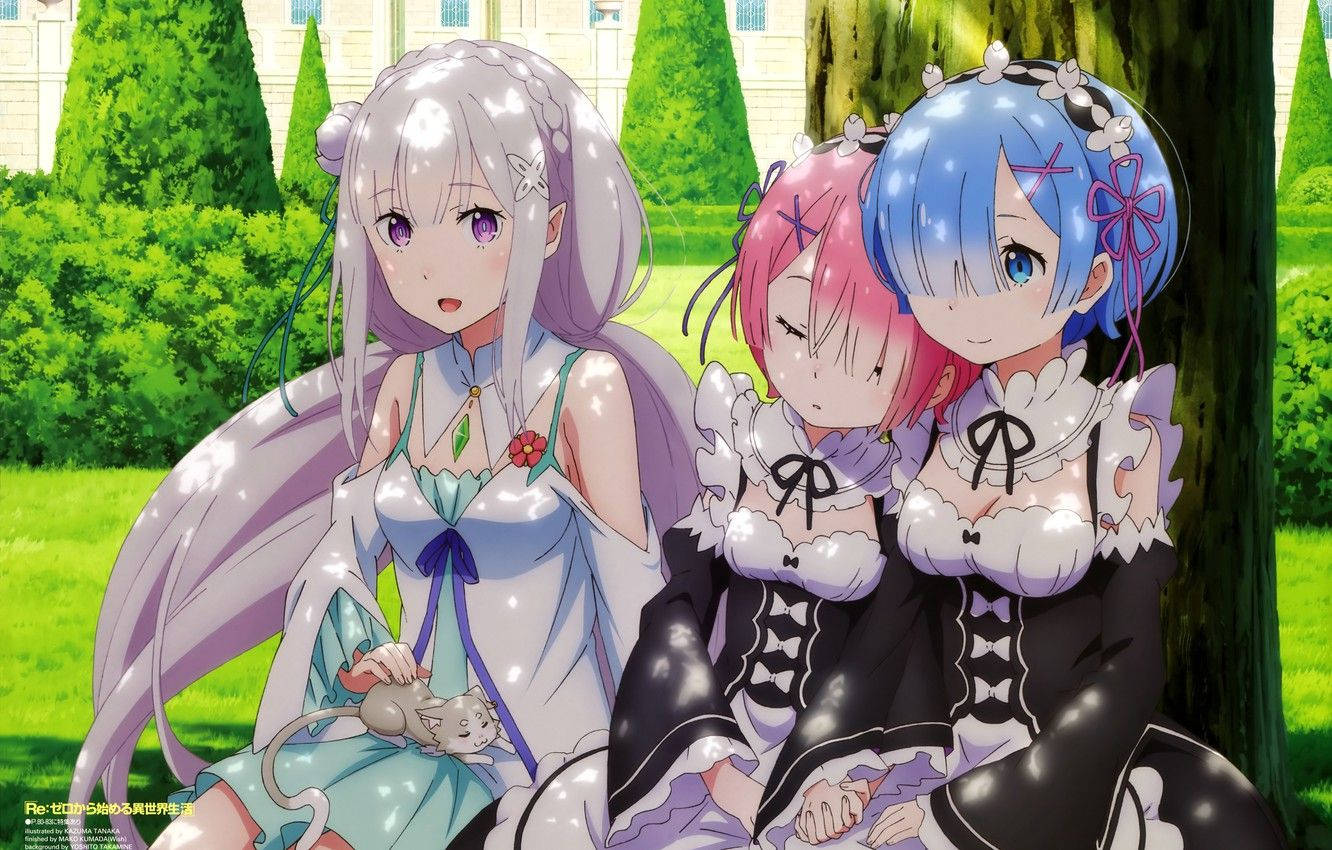 "Ready to explore Fantasy World with Emilia, Ram and Rem from Re Zero!" Wallpaper