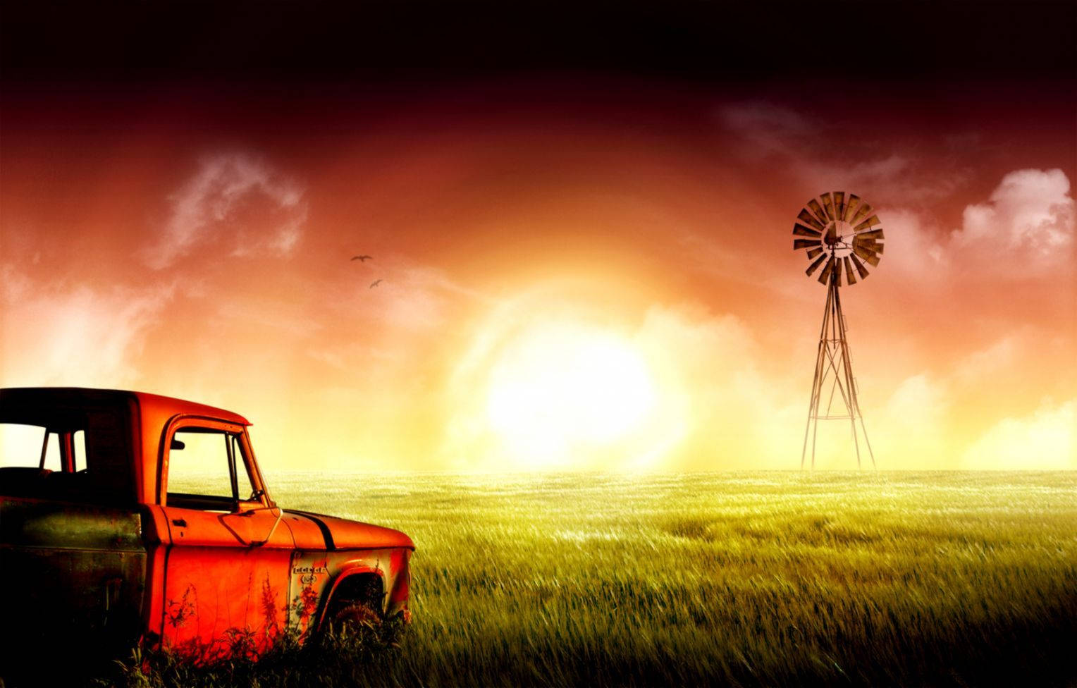 "Meditative peace of a distant farm at sunset" Wallpaper