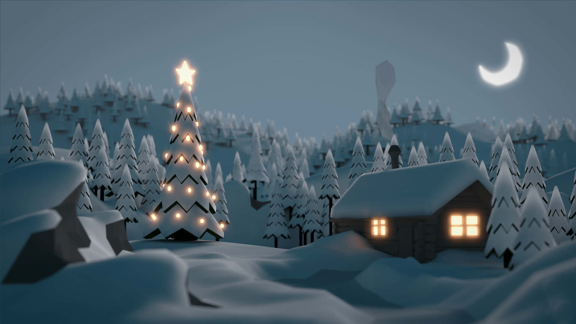HD Winter Background Christmas Night Bungalow Cabin