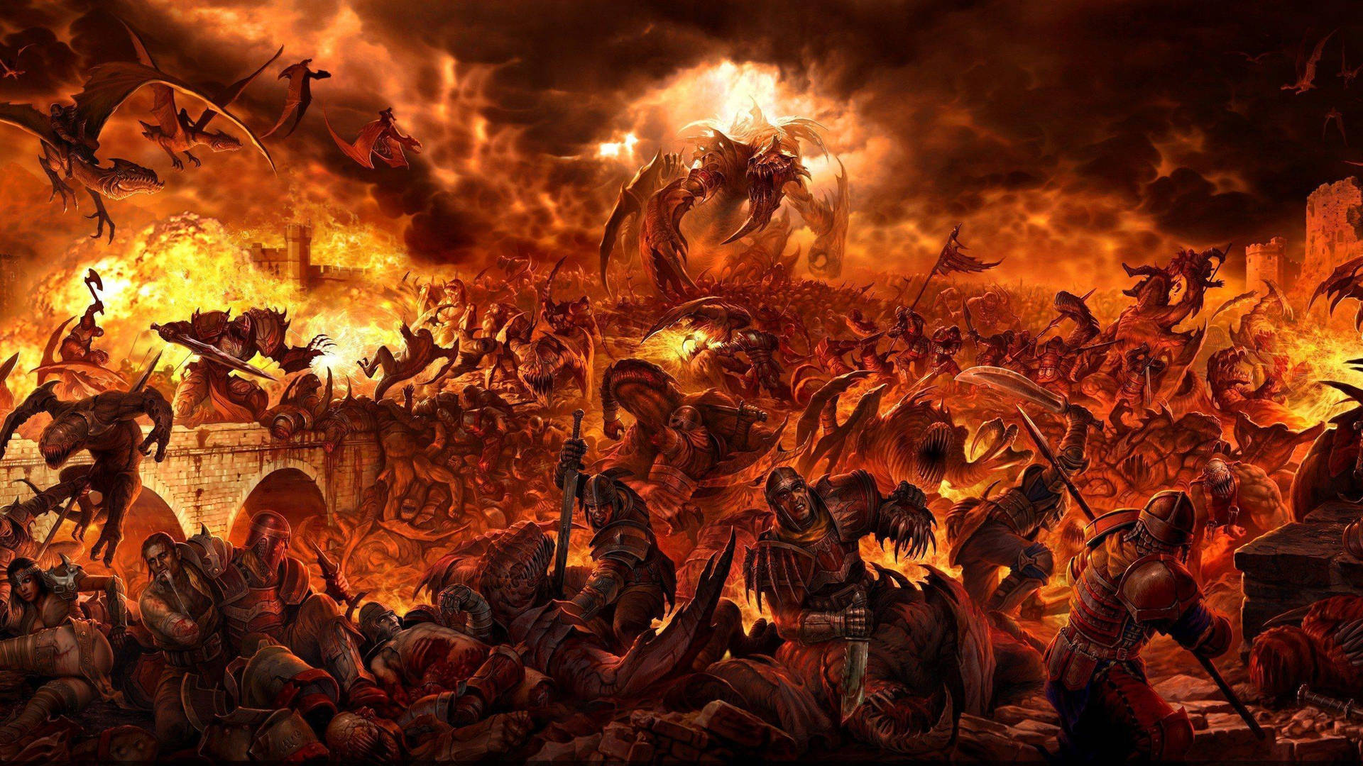 A Large Battle Scene With Many Demons And Monsters Wallpaper