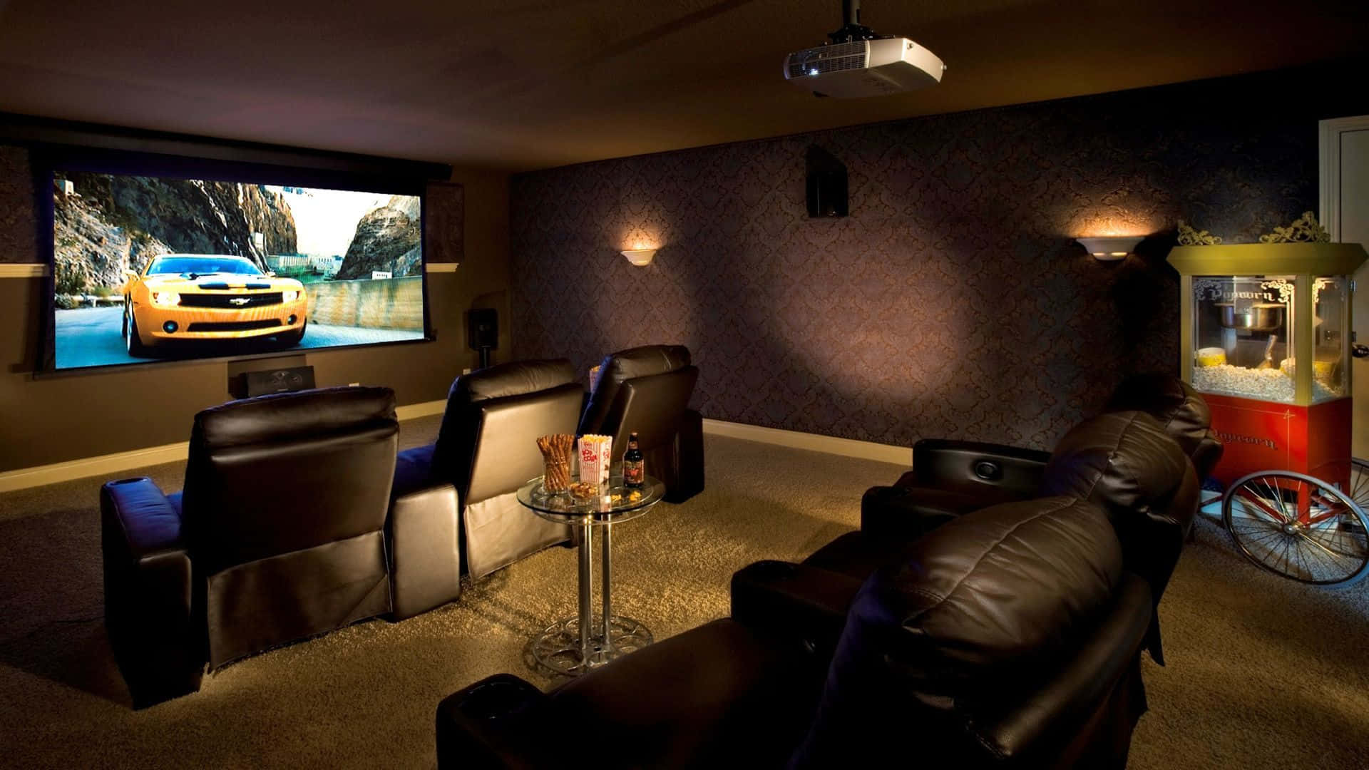 Home Theater Design Leather Cushions Popcorn Stand Wallpaper