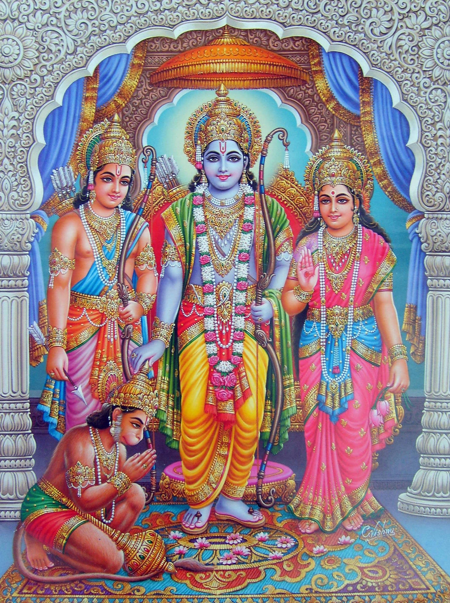 Jai Shri Ram Ramayana Characters Under White Arch Wallpaper