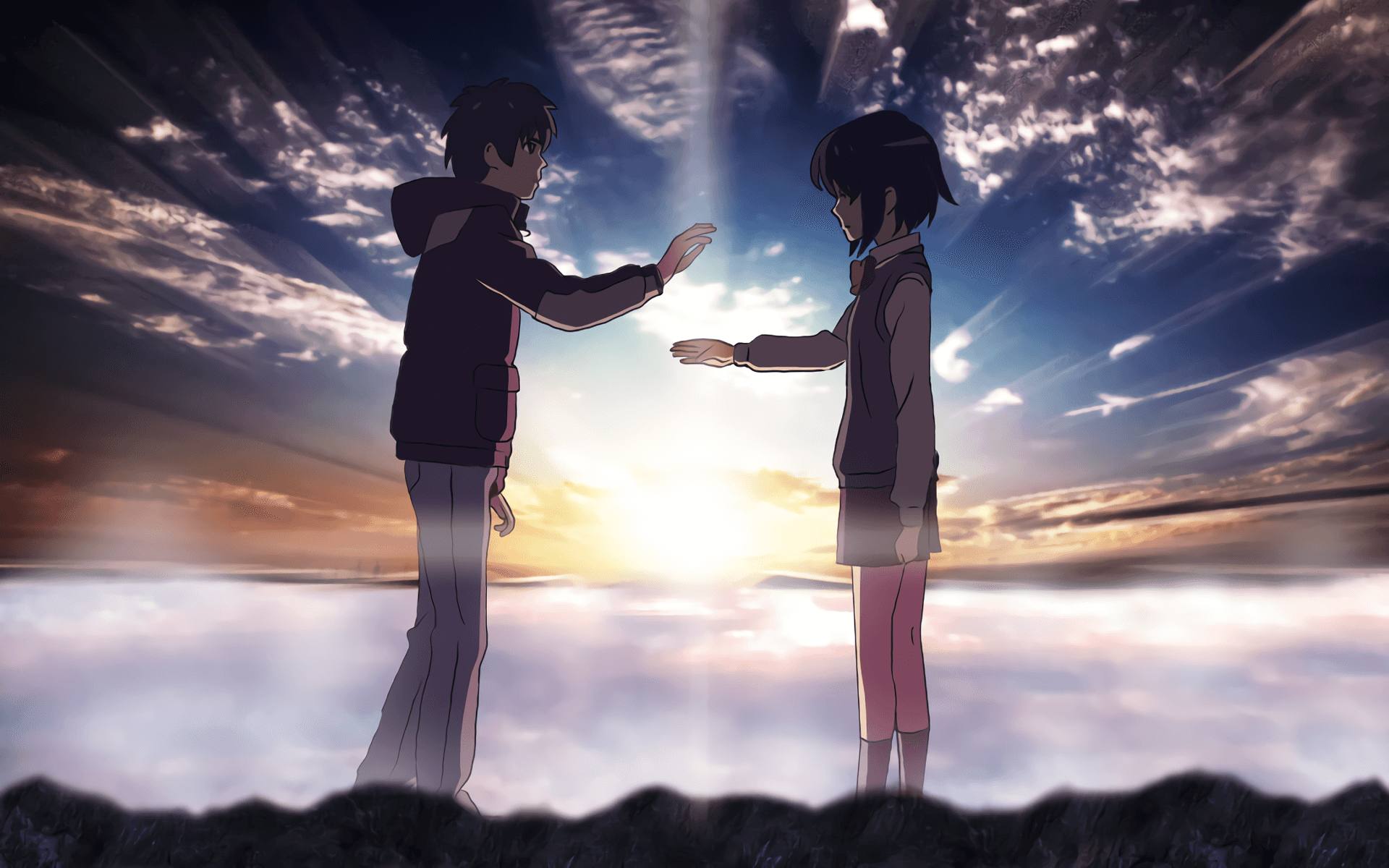 Mitsuha and Taki Standing Together on A Hilltop