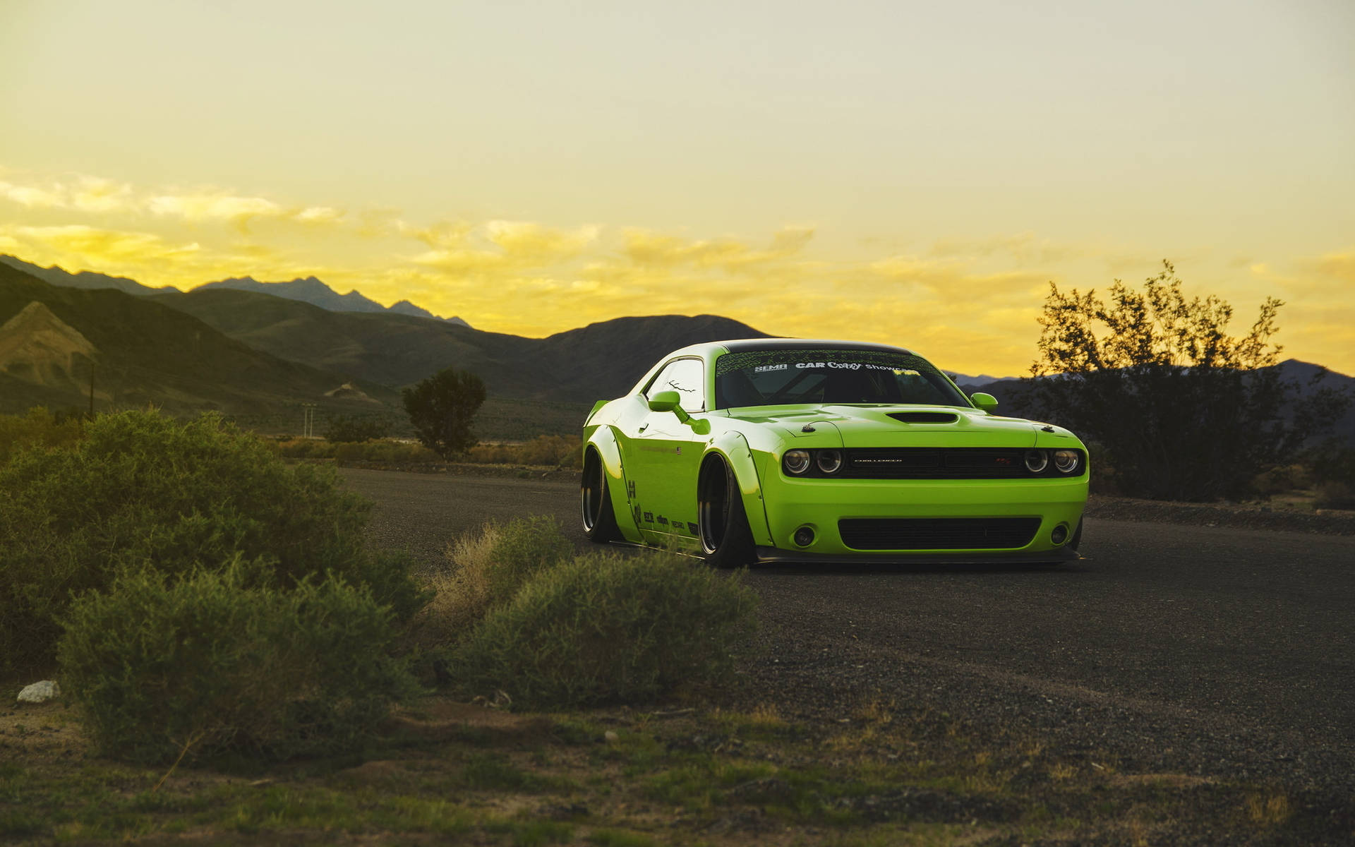 Stunning Green Dodge Challenger In High Light Wallpaper