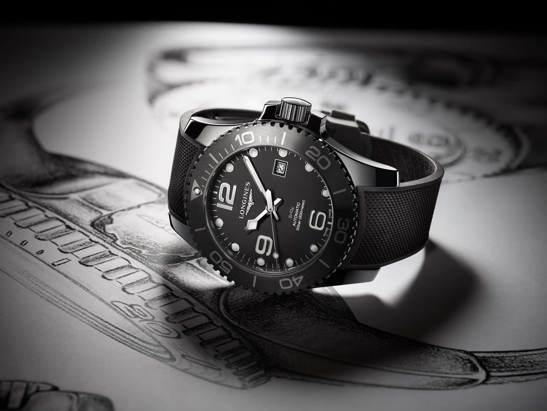 A close-up view of a high-class Longines Hydroconquest timepiece on a sketchpad Wallpaper