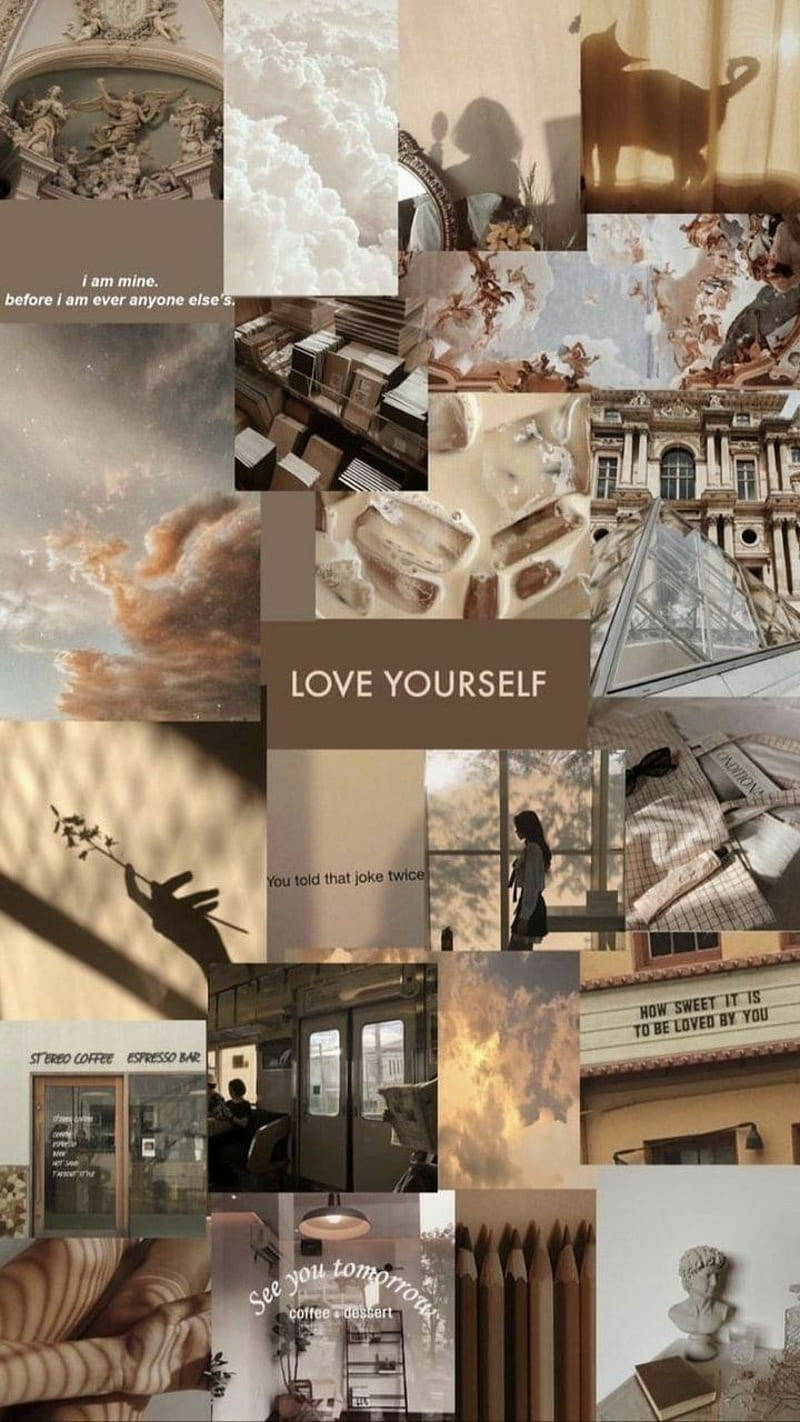 Love Yourself Beige Aesthetic Collage Wallpaper