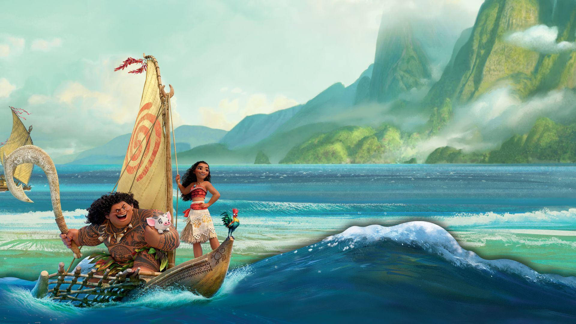 "Adventurous Walt Disney Character Maui Riding the Pacific Waves in Moana" Wallpaper