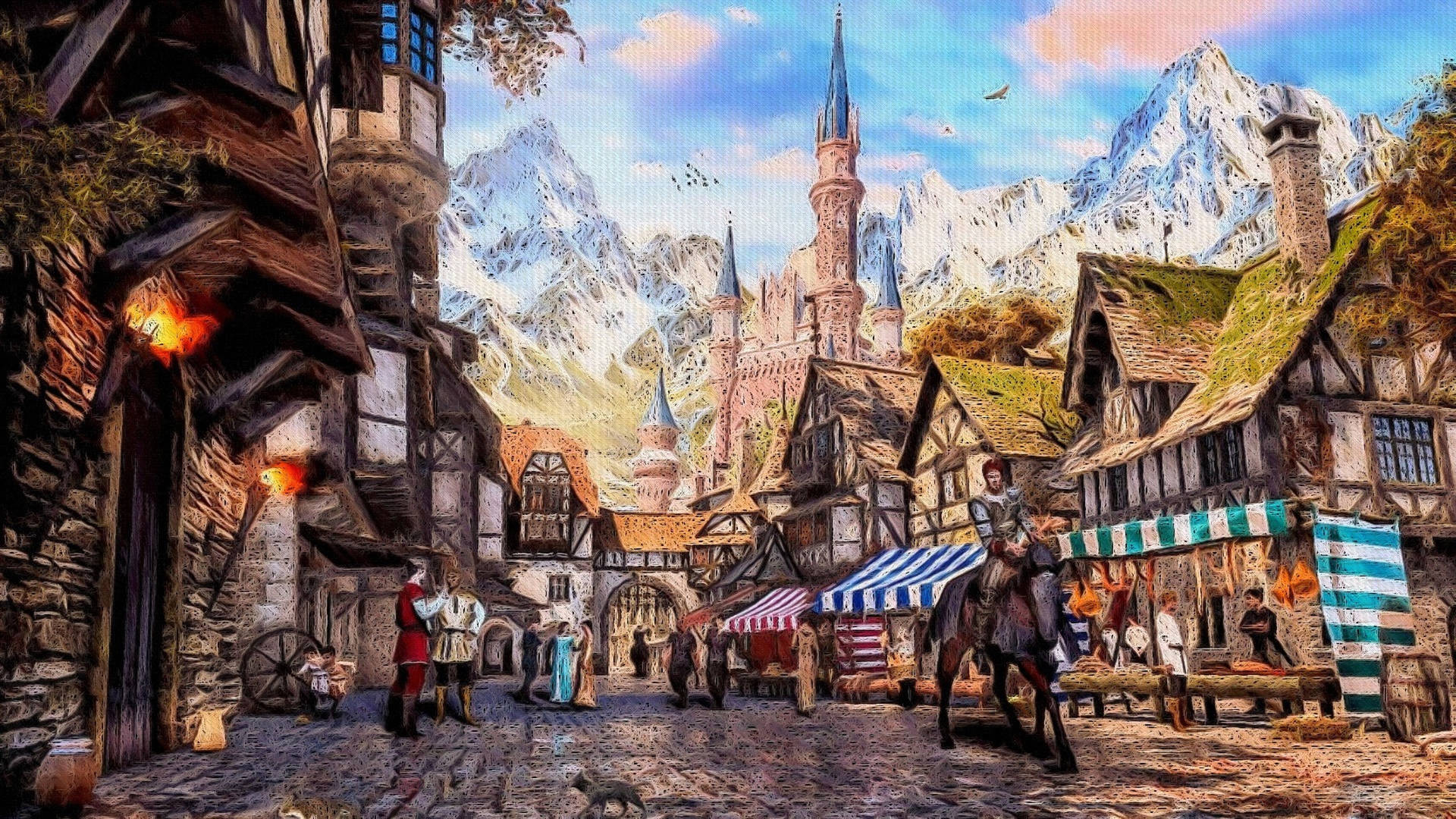 Bustling Medieval Village Market Wallpaper