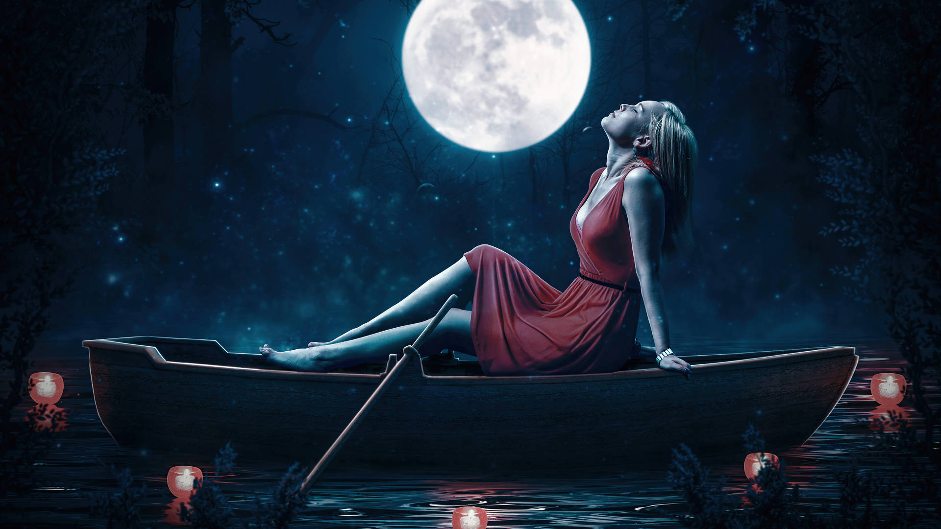 Moon 4K Woman On Canoe Wallpaper