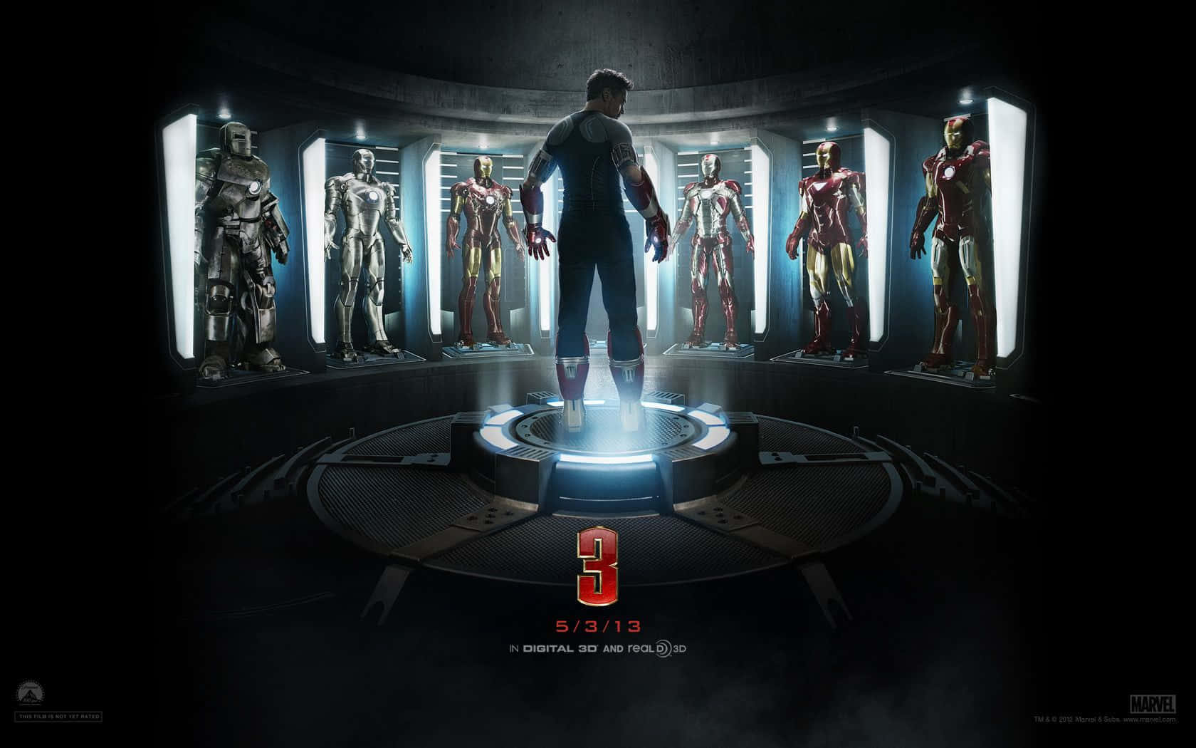 Iron Man 3 Poster With The Characters Standing In Front Of A Dark Room