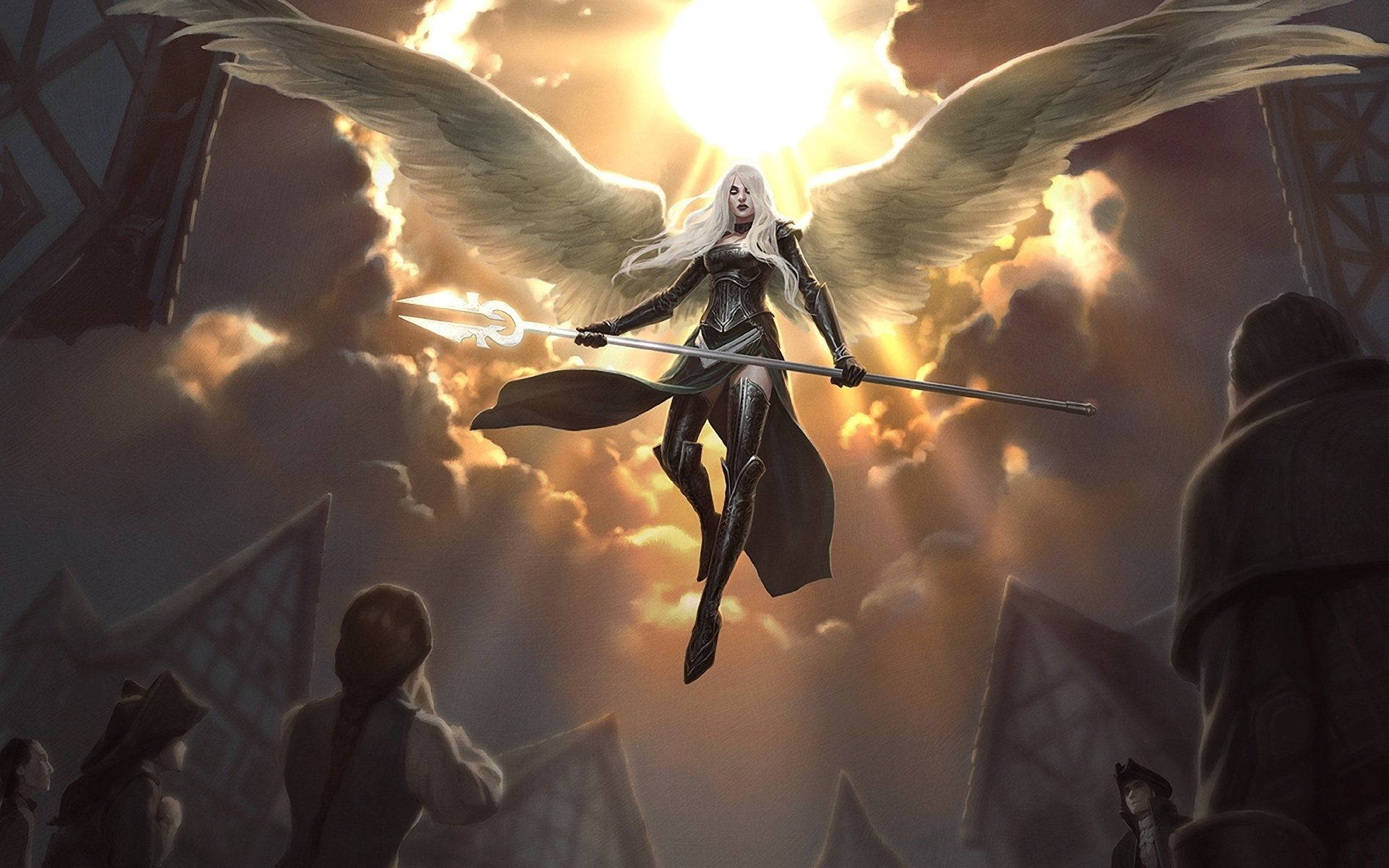 An angelic being ascends above a card-filled landscape Wallpaper