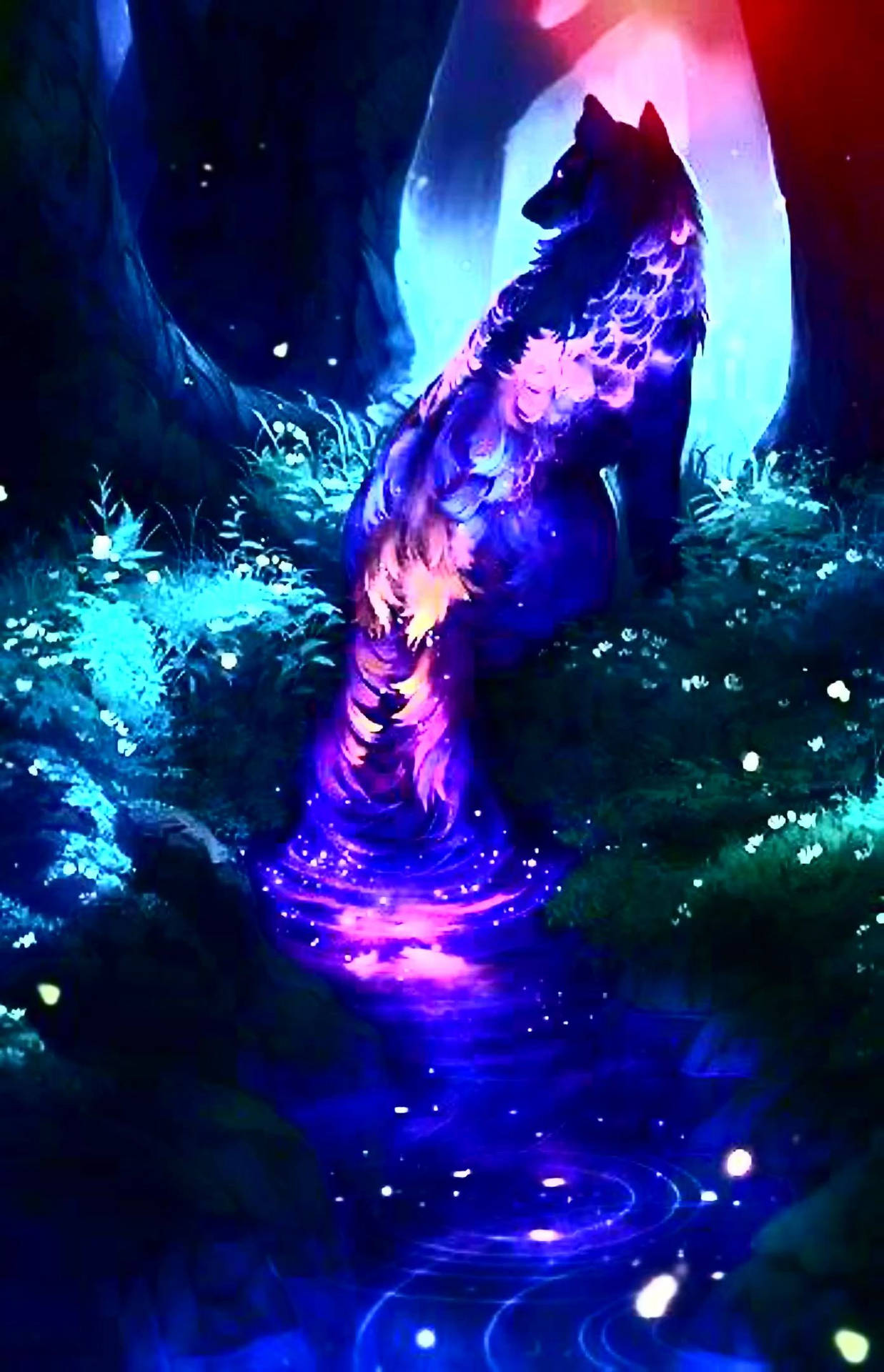 Mystical Galaxy Wolf In Forest Wallpaper