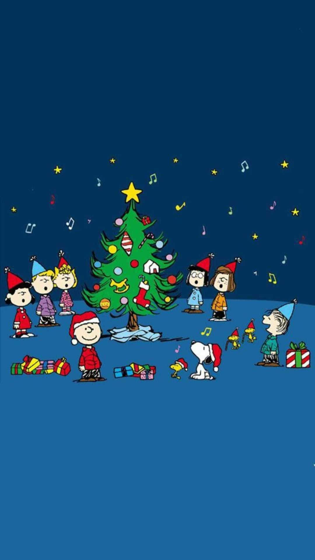 Peanuts Characters Surrounds Christmas Tree Wallpaper