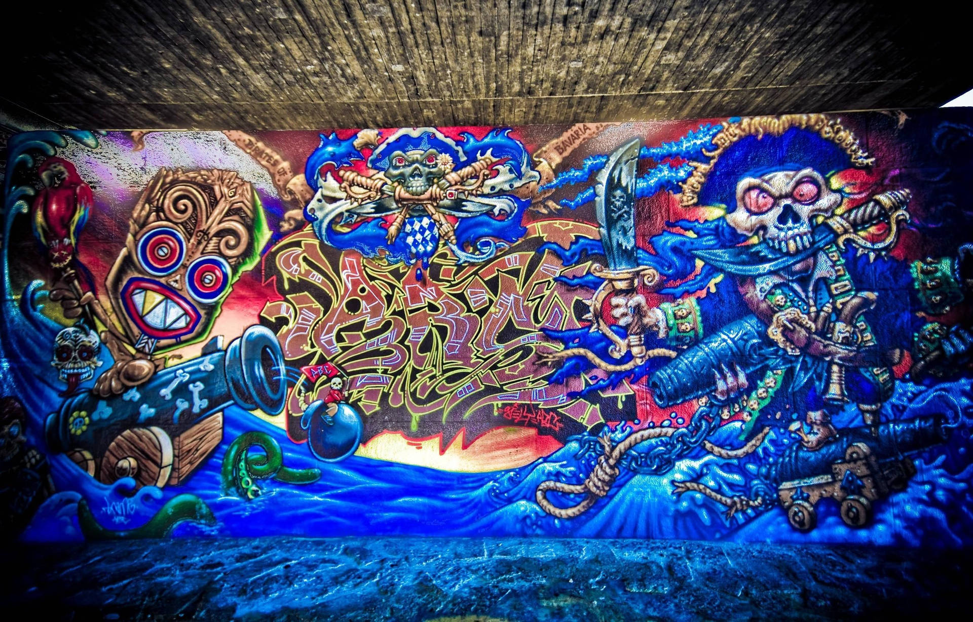 Vibrant Graffiti Art Depicting a Pirate Battle Scene Wallpaper