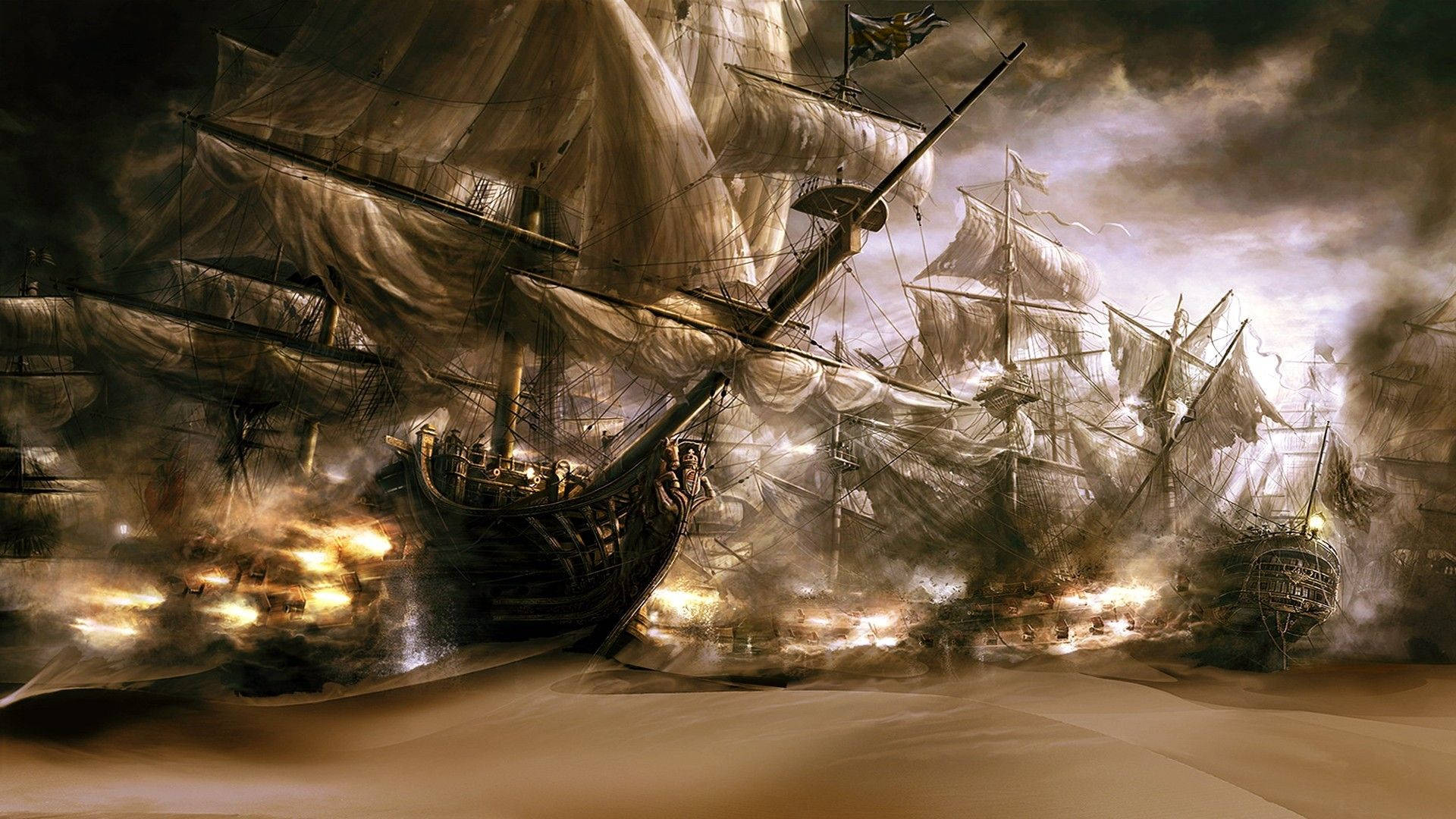 A peaceful, sunny day at the beach with two old pirate ships. Wallpaper