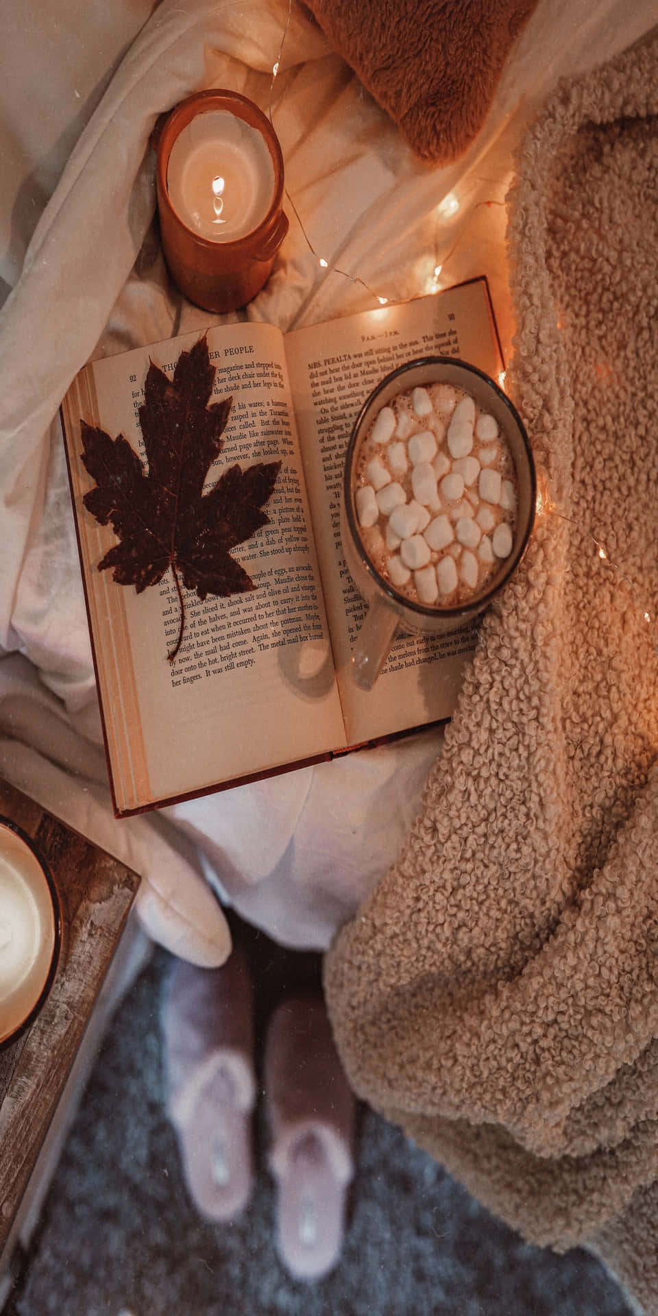 Pixel 3 Fall Maple Leaf, Candles, And A Book Background