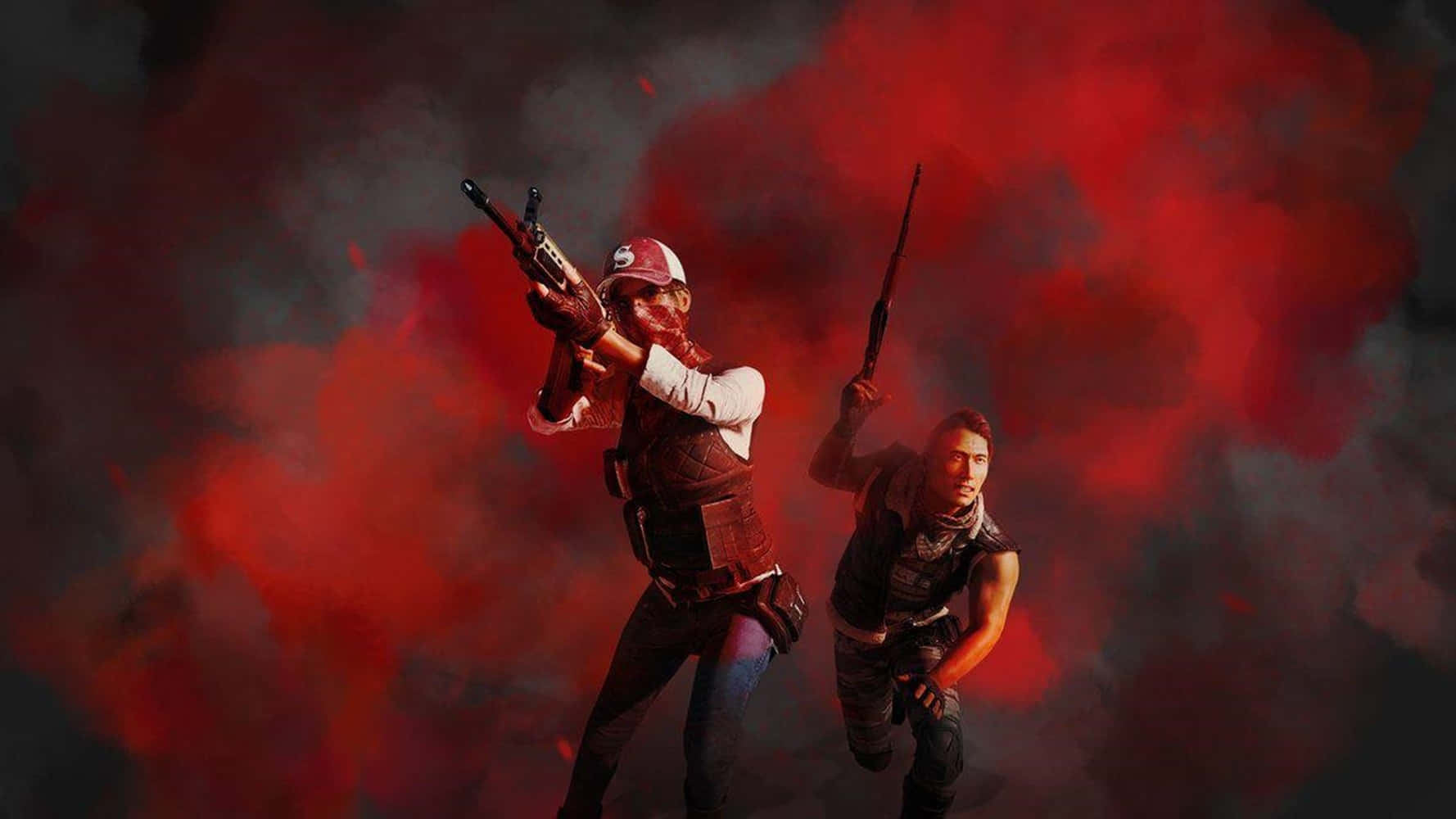 Two Men With Guns In Front Of A Red Background Wallpaper