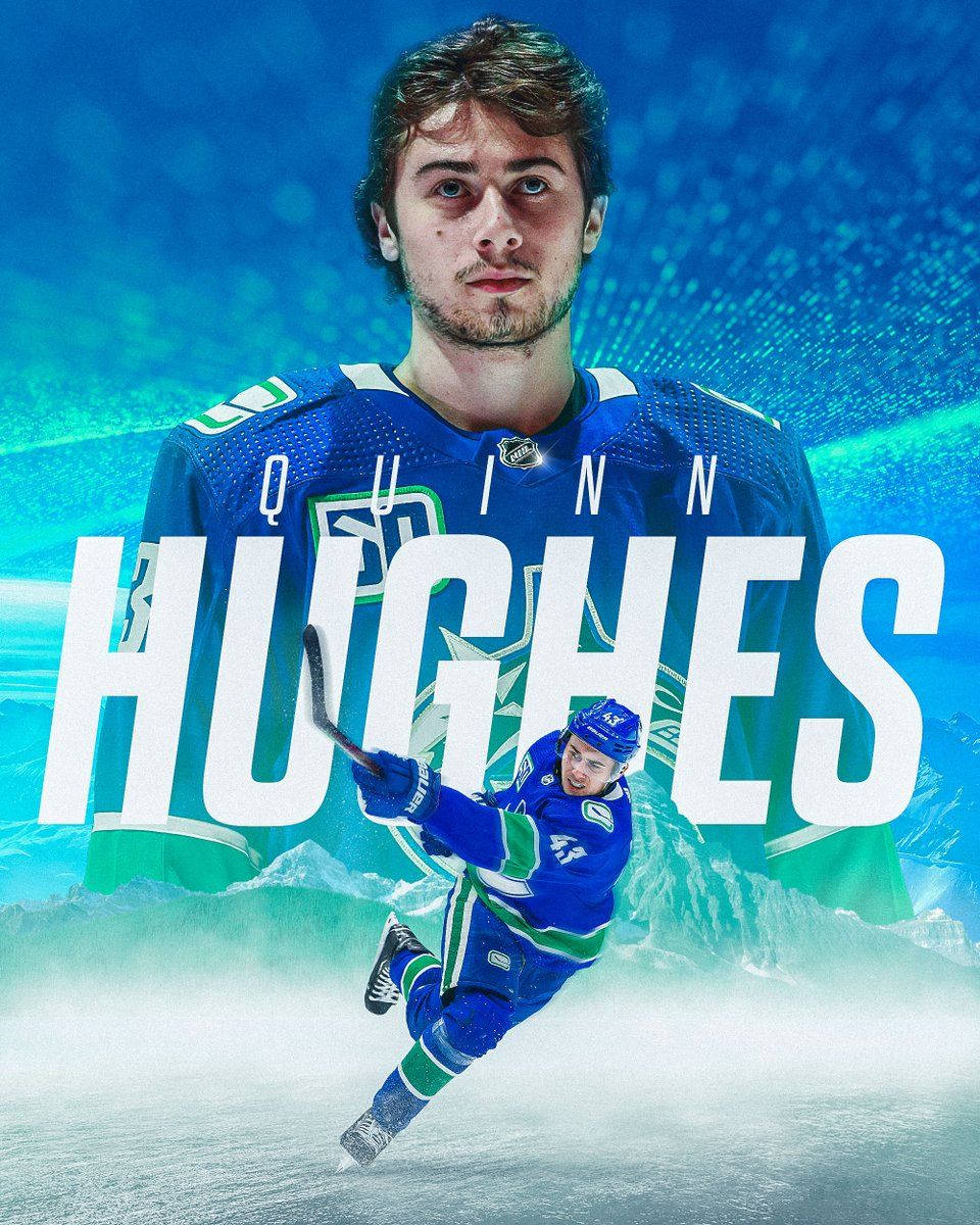 Portrait Of Quinn Hughes In Front Of The Vancouver Island Mountains Wallpaper