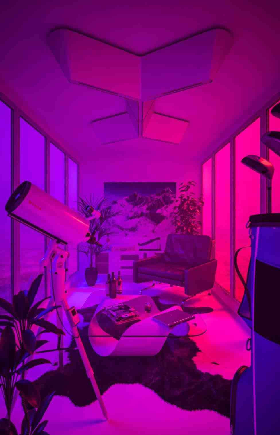 Enjoy the warm neon glow of retro chic with this cozy purple aesthetic room. Wallpaper