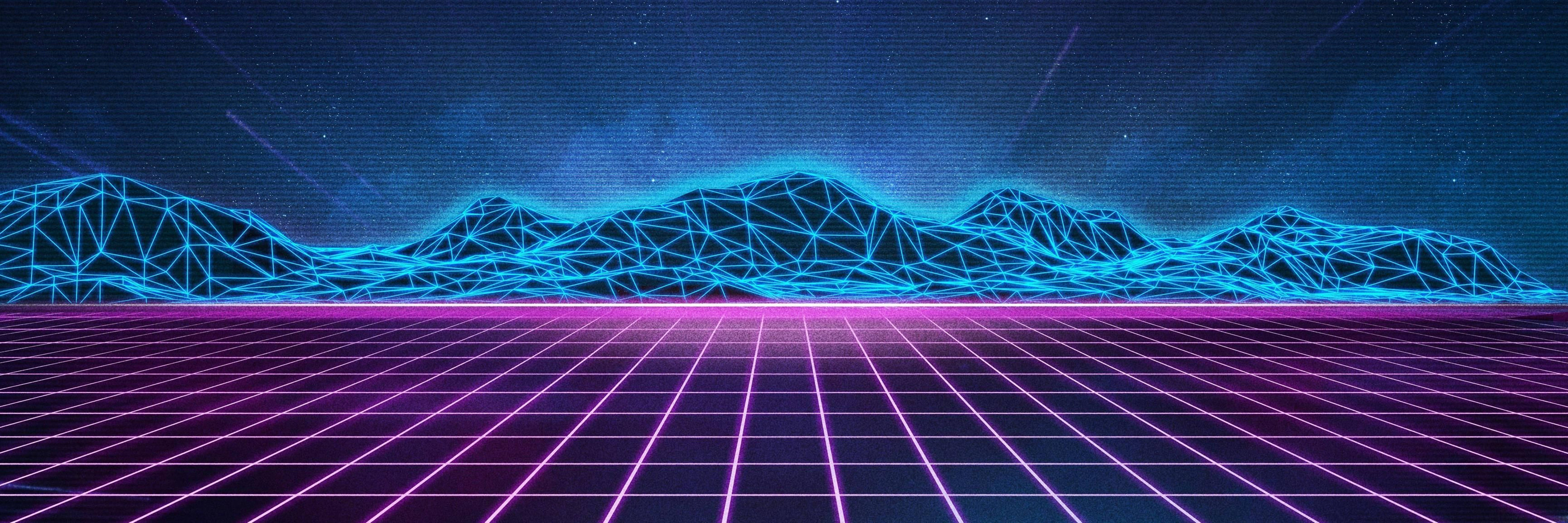 Retro Neon Grid Field Blue Mountains 4K Wallpaper
