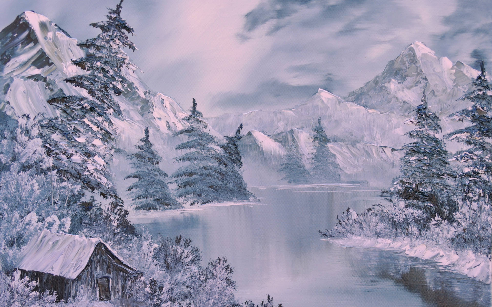 River Winter Scenery Painting Wallpaper