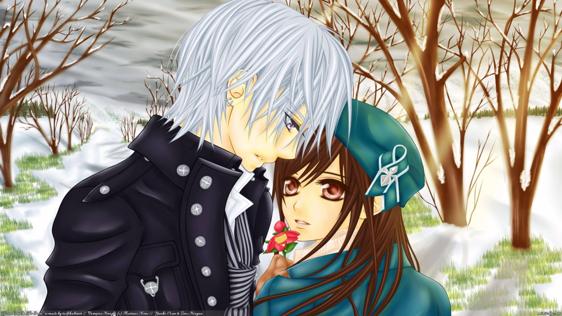 Caption: Romantic Anime Couple Embracing in the Fall Season Wallpaper